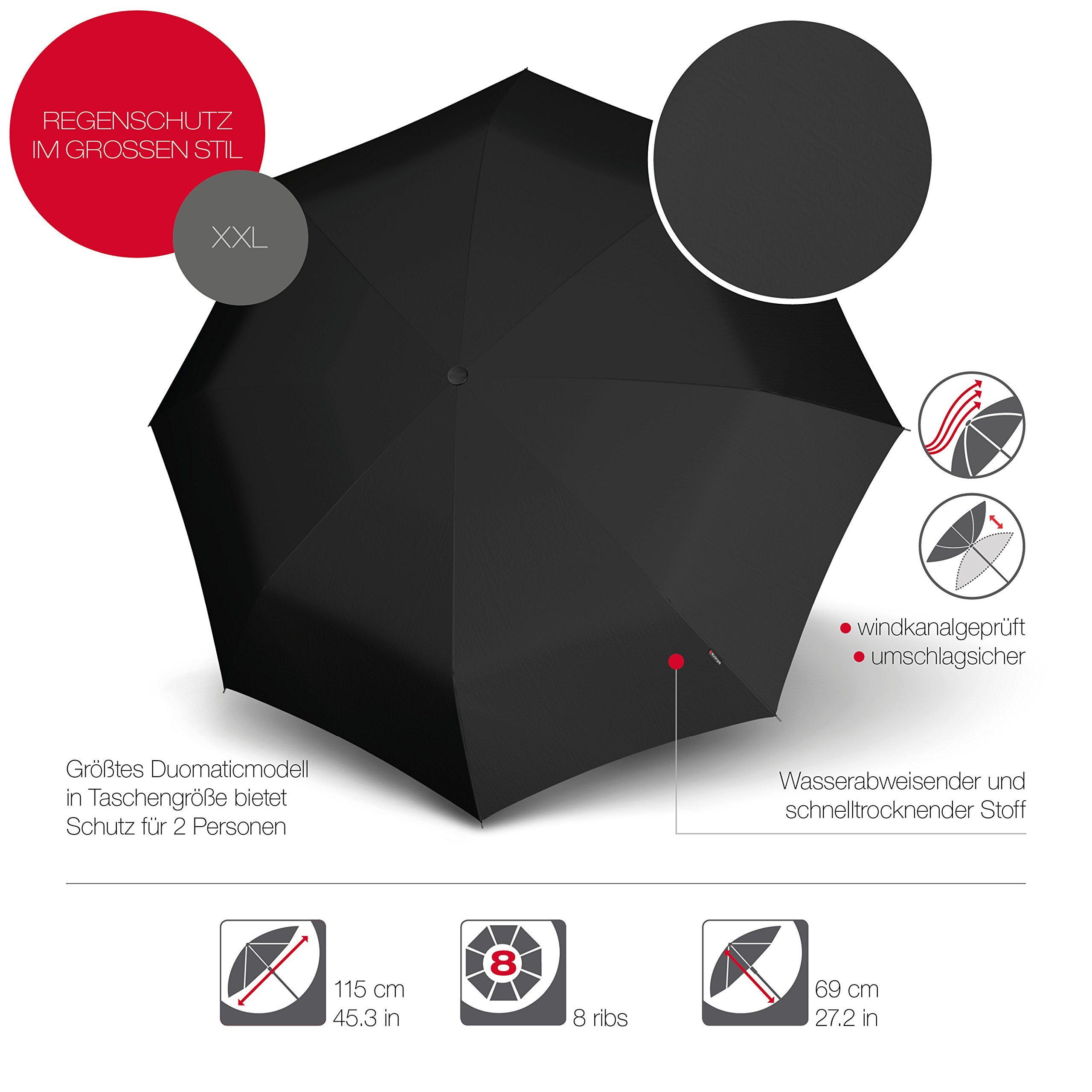 Knirps T.400 Duomatic parasol kieszonkowy, automatyczne otwieranie i zamykanie, odporny na burzę, wiatroszczelny, czarny, 36 cm, parasol