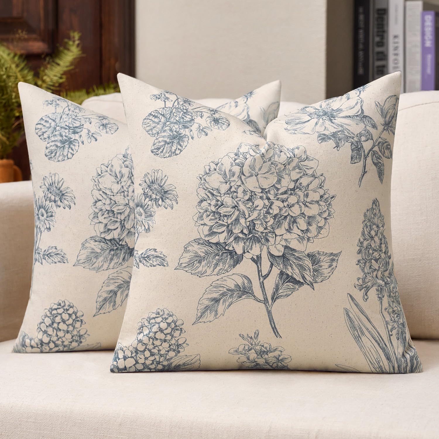 Kevin Textile 100% Cotton Hydrangea Floral Cushion Covers 45x45cm Set of 2, Neutral Boho Throw Pillow Covers for Spring Summer, Vintage Farmhouse Decor for Sofa Couch Bedroom Living Room, Denim Blue