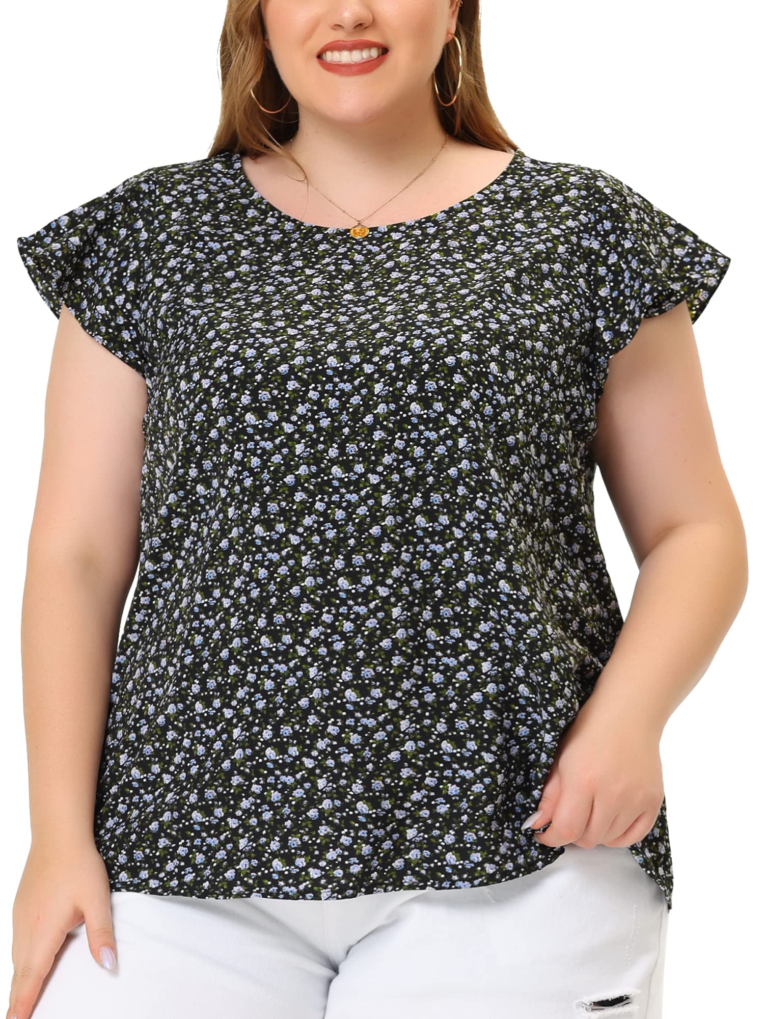 Agnes Orinda Plus Size Women's Summer Tops Floral Round Neck Short Sleeves Ruffle Casual Blouses