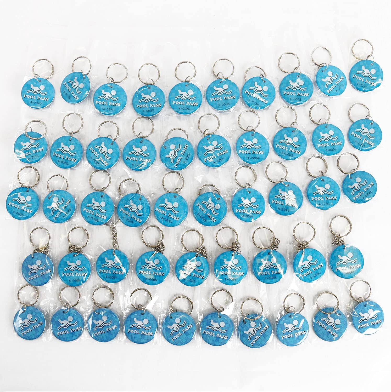 SmartSign Pool Pass Key Tags - Numbered, Box of 50, 1.5 in. Diameter Plastic with Epoxy Coating, Pool Key Chain with Ring, Blue