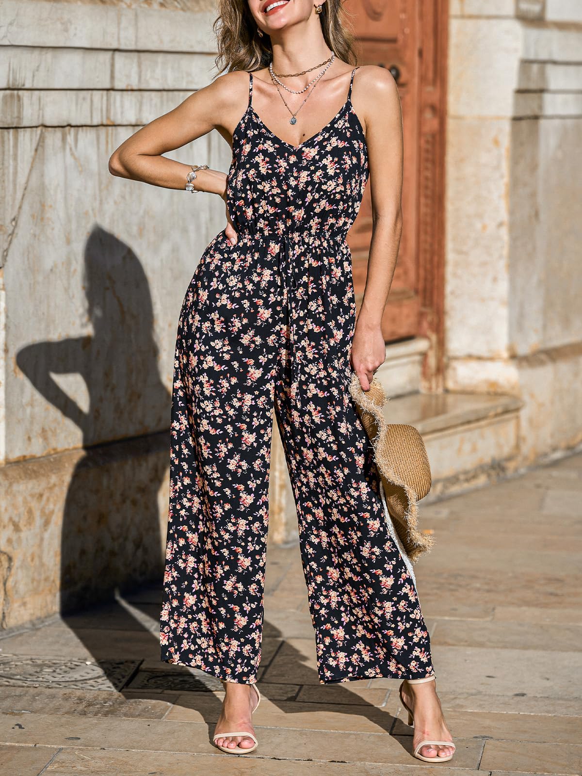 CUPSHE Combinaison d'été pour femme - Motif floral - Bretelles spaghetti - Sans manches - Jambes larges - Ceinture enveloppante - Élégante combinaison de loisirs