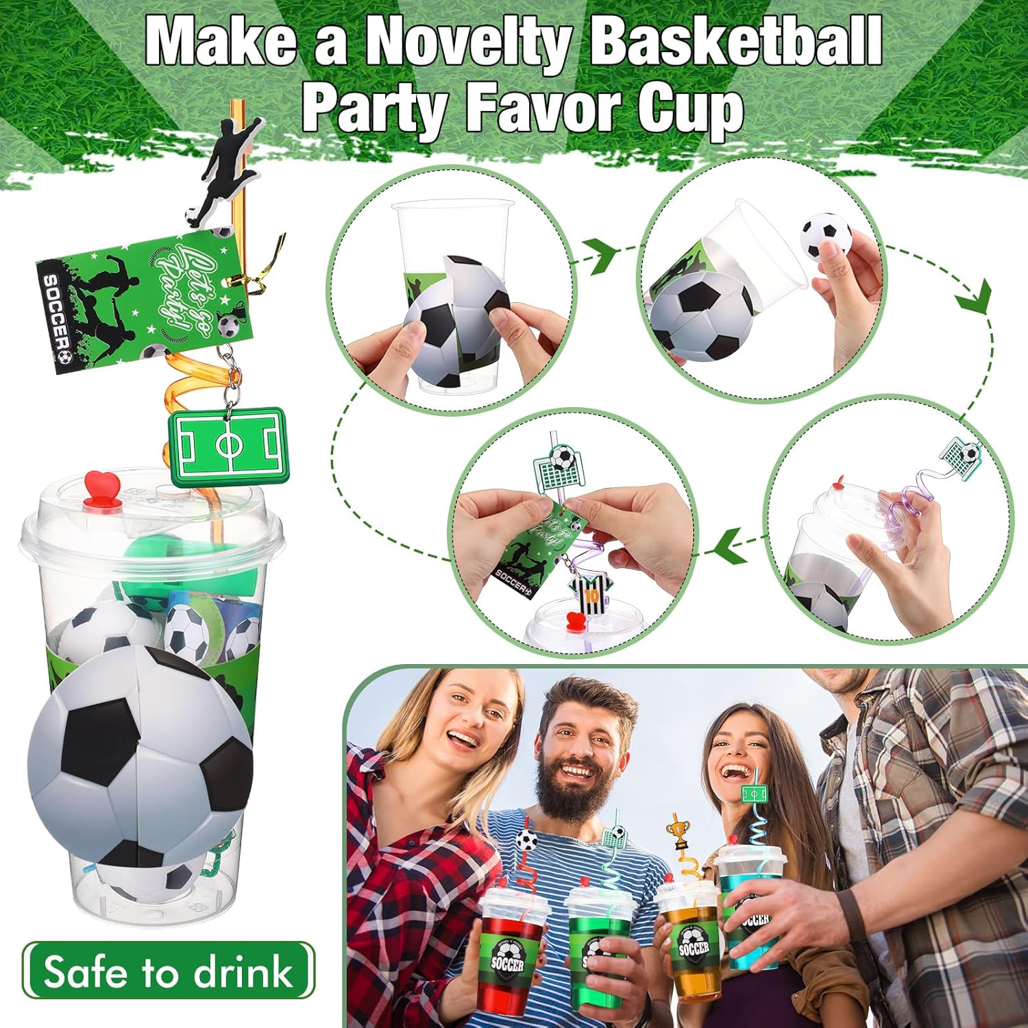 Party Favors Set with Cup Straw Cup Sleeve Bouncy Ball Mini Pinball Machine Keychain Sticker Clap Bracelet Tag for Sport Reward Birthday Gift Party Supplies(195 Pcs,Soccer) - Image 3