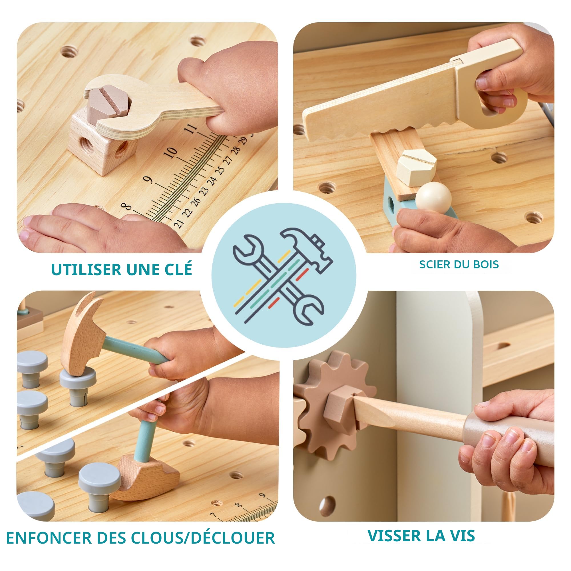 Banc à Outils pour Enfants en Bois avec Ceinture, Établi de Travail pour Tout-Petits, Ensemble de Construction, Jouet en Bois, Cadeau
