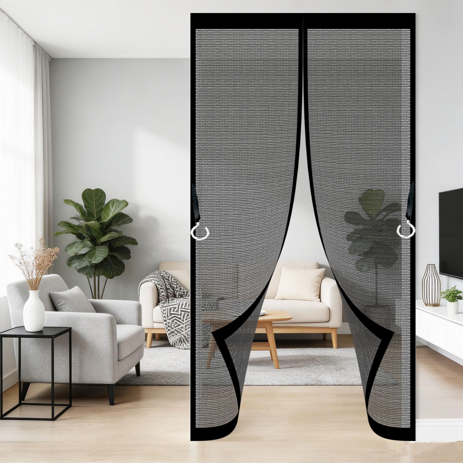 Magnetic Screen Door 120 x 215 cm Frame Hook & Loop Keep Bugs Out Lets Fresh Air in No Gap Reinforced Patio Door Net for Patio Doors Balcony Sliding, Black