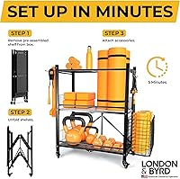 Vista 2 de London & Byrd - No Assembly - Home Gym Storage Rack. Steel Construction, Heavy Duty Wheels, with Basket and Hooks. Great for Home Gym Equipment