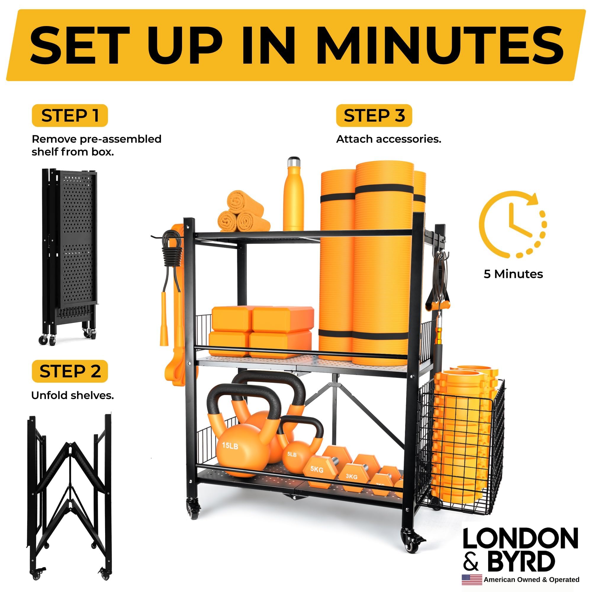 London & Byrd - No Assembly - Home Gym Storage Rack. Steel Construction, Heavy Duty Wheels, with Basket and Hooks. Great for Home Gym Equipment, Yoga mats, Kettlebells, and Small Dumbbell Storage.