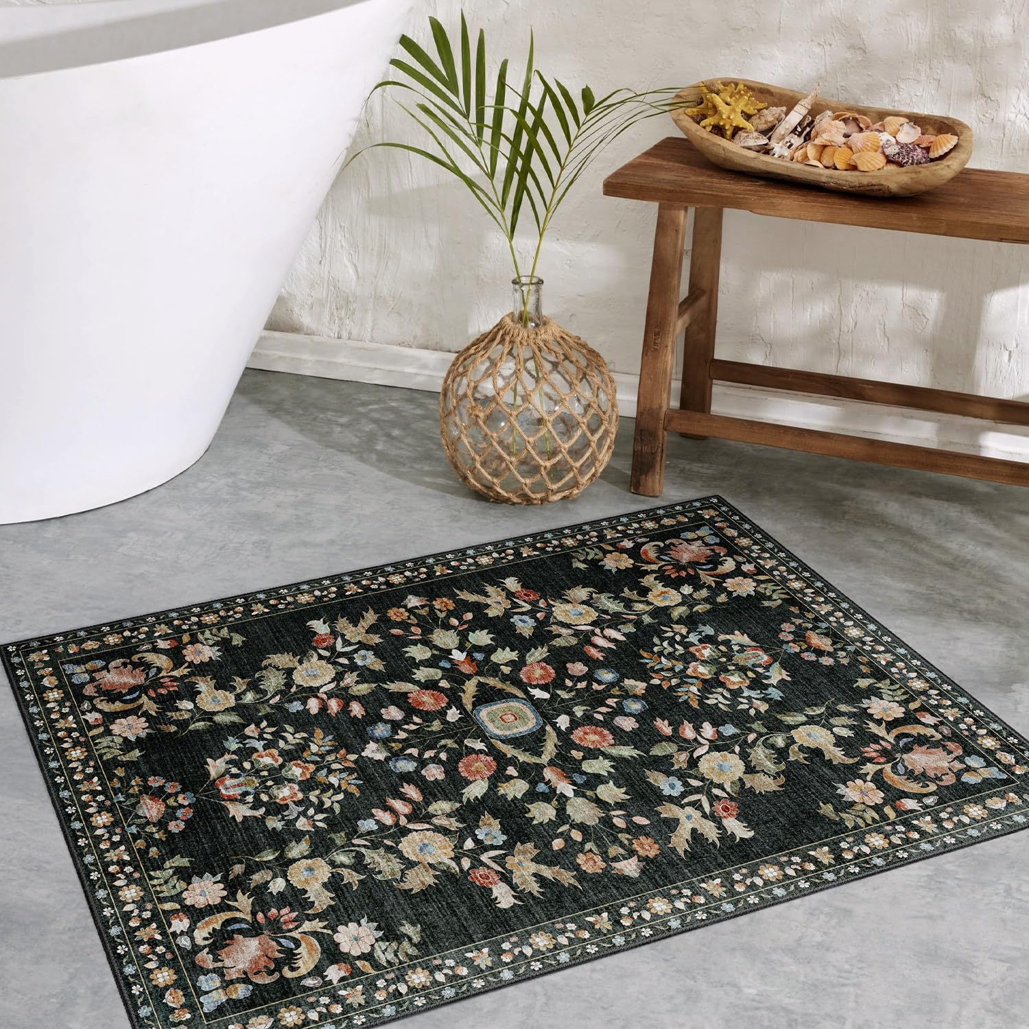 MUJOO Small Rug Washable,Black 2x3 Area Rugs for Entryway,Floral Front Door Mat Indoor Entrance Entry Way,Boho Kitchen Bathroom Floor Rug Throw Carpet Non Slip Low Pile Vintage