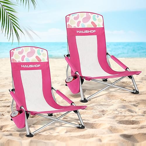 Miniatura 10 de HAUSHOF Silla de playa baja, silla plegable con respaldo de malla, sillas de camping ligeras de asiento bajo con soporte para tazas, bolsa de