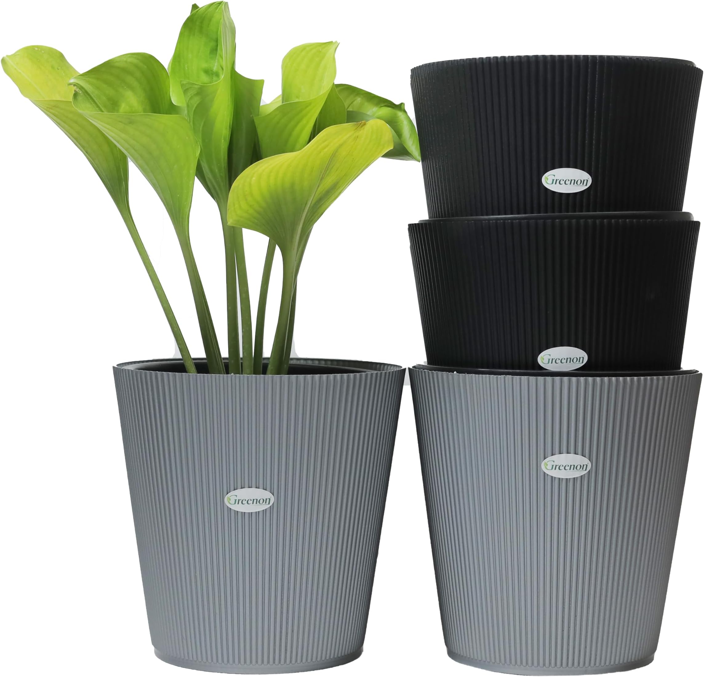 10 Inch Self Watering Plant Pot Set of 4 (8 Pots) | Grey,Black Outer & Black Inner Planters | Heavy Duty Virgin Plastic | UV Treated Gamla | Ideal for Indoor, Balcony & Home Garden