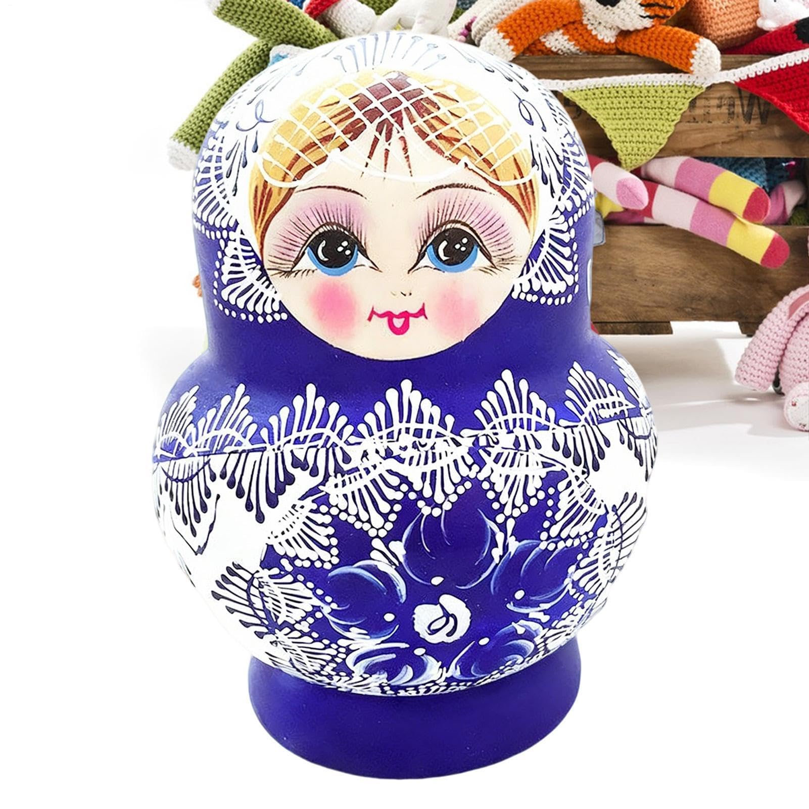 Bambole Matrjoschka, 10 pezzi, in legno, blu, bianco, porcellana