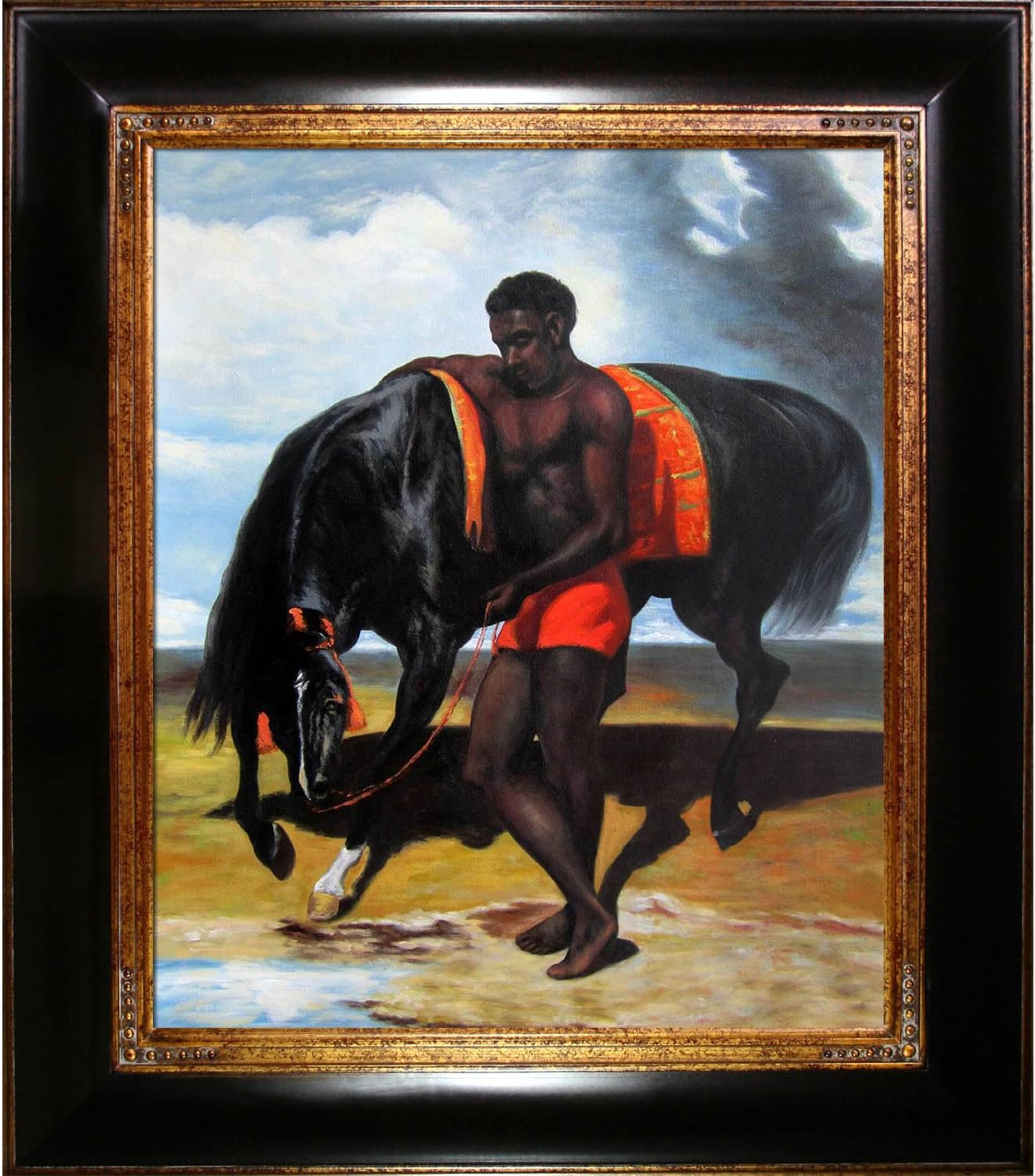 overstockArt Alfred De Dreux "African Tending a Horse by the Sea" Framed Oil Painting