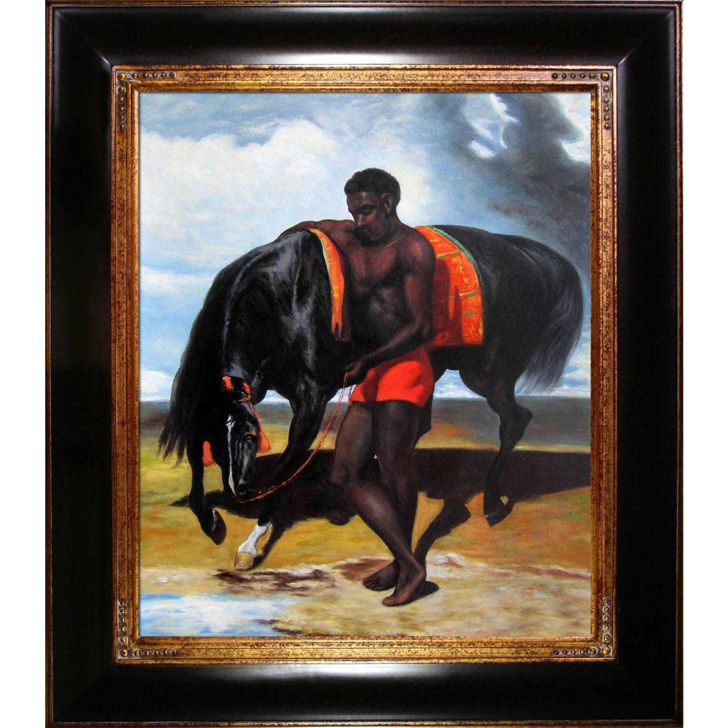 overstockArt Alfred De Dreux "African Tending a Horse by the Sea" Framed Oil Painting