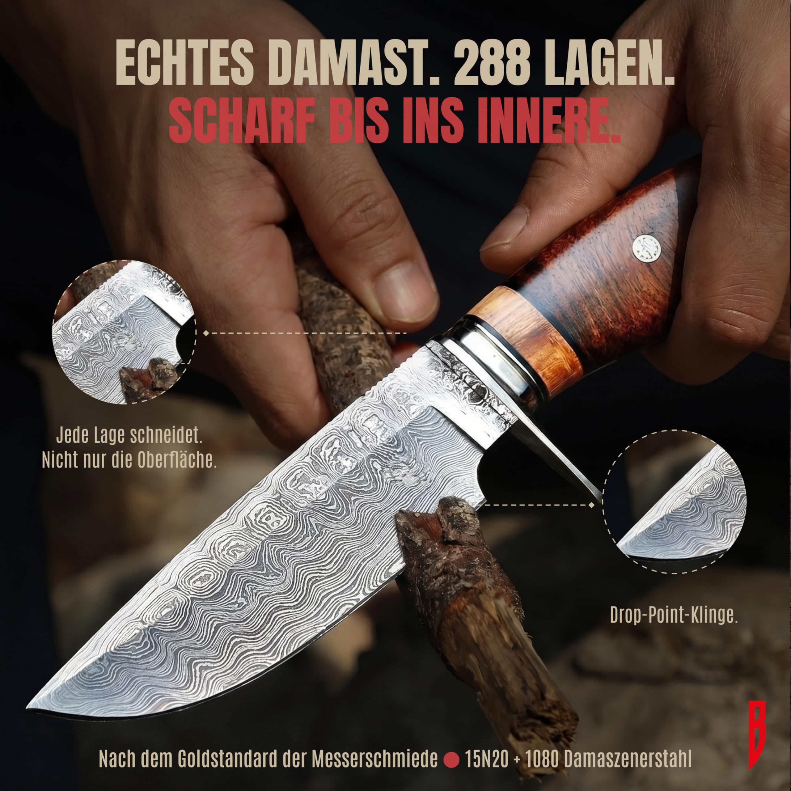 BIGCAT ROAR Wild Tiger Damaststahl Messer 10 Zoll - Full Tang - Walnussholzgriff & Lederscheide - Outdoor Camping Survival Bushcraft