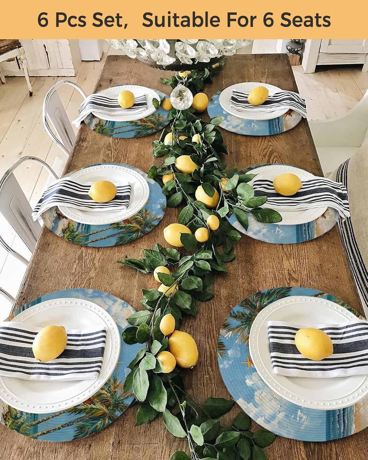 Christmas Round Placemats Set of 8 Seashell Starfish Beach Xmas Tree Place Mats Woven Placemat Palm Tree Boat Circle Braided Table Mat for Kitchen Dining Table Xmas Holiday Party Decor 15 Inch