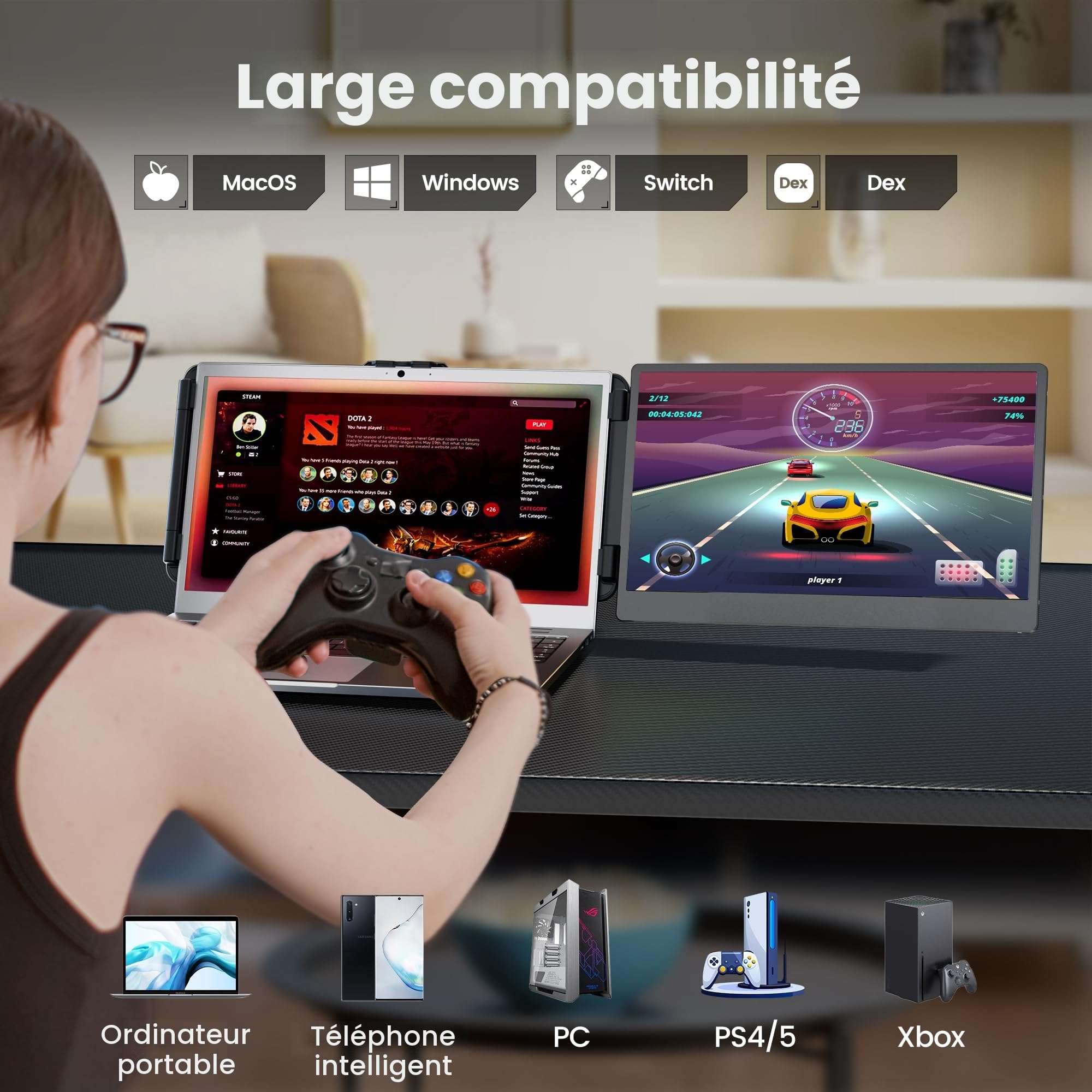 domyfan Moniteur pour Ordinateur Portable, 14.1" 1080P FHD Double Extension D'écran pour Ordinateur Portable, Plug and Play, pour Windows, Mac, Chrome, Android, Xbox, Switch, PS5, avec 13.3 "-17"