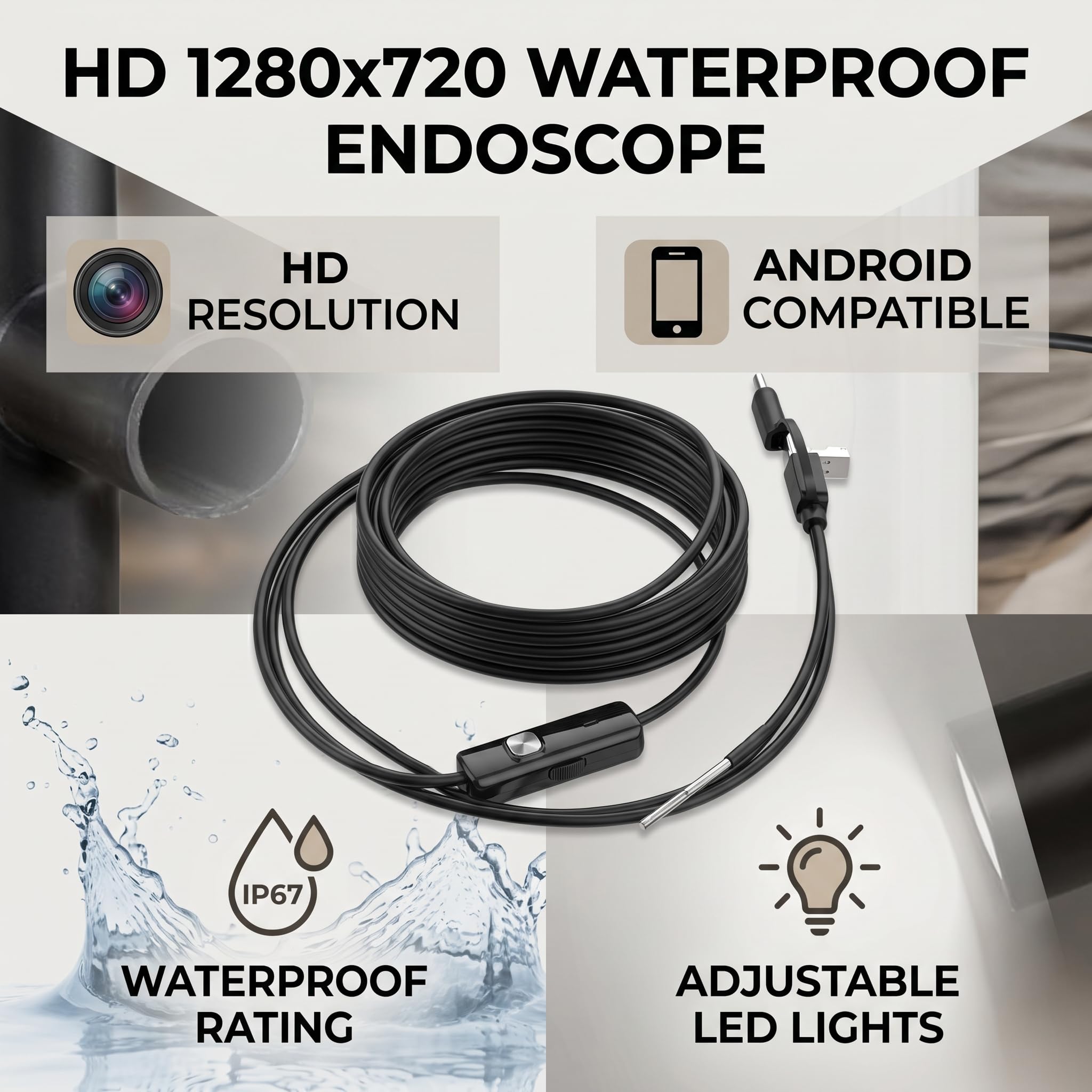 Endoscopio 3 in 1, Endoscopio USB di Tipo C con Telecamera a Serpente Impermeabile per Boroscopio WiFi per Telefono Cellulare Android Ispezione con Boroscopio Impermeabile con Obiettivo(1M)