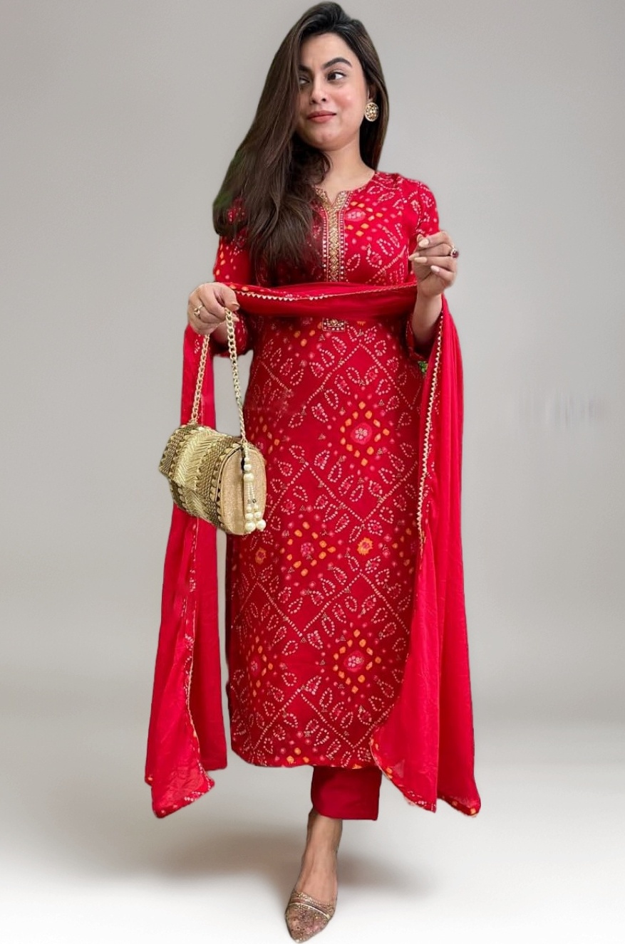 GoSriKi Women's Rayon Viscose Straight Bandhej Printed Kurta with Pant & Dupatta