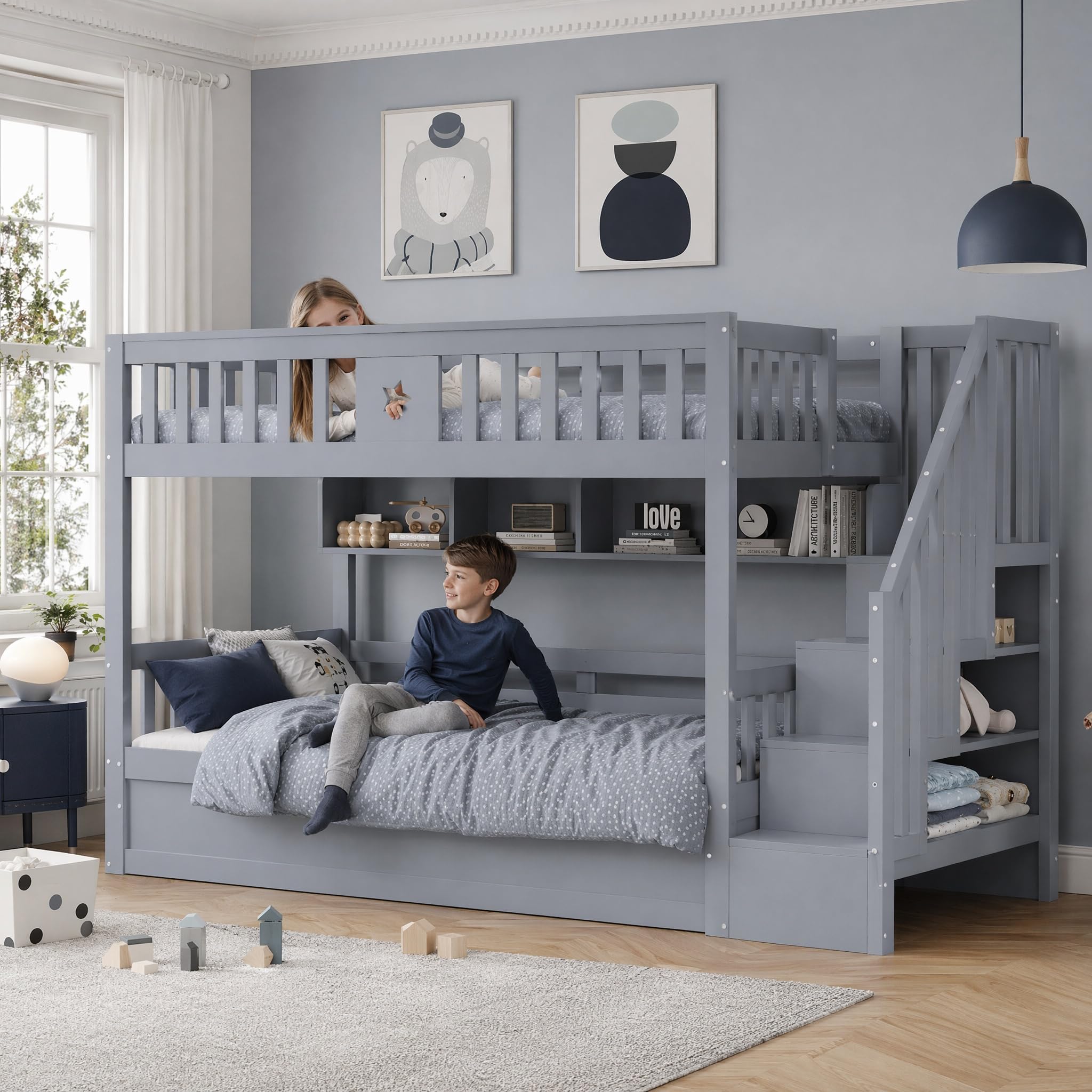 Su & Chan Legence Etagenbett 90x200cm mit hydraulischem Unterbett, Kinderbett mit Stauraumtreppe und Regalen, Holzbett mit Rausfallschutz für 2 Kinder, Grau