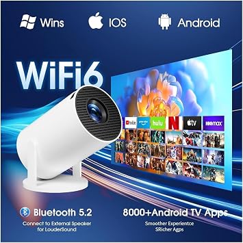 4K Projector Hy300 Pro, 1080P Full HD Image Quality, 200 ANSI Lumen High Brightness, Remote Control, WiFi 6, Bluetooth 5, Android 11, Automatic Keystone, 40-130 Screen Projector