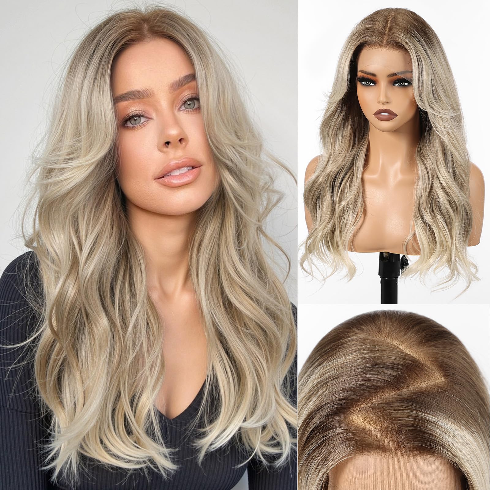 HAIRCUBE 13x6 HD Lace Front Perücke, 22 Zoll, synthetisches Ombré-Aschblond, lange Wellen, gestuft, kleberlos, für Damen, natürlicher Look, alltagstauglich