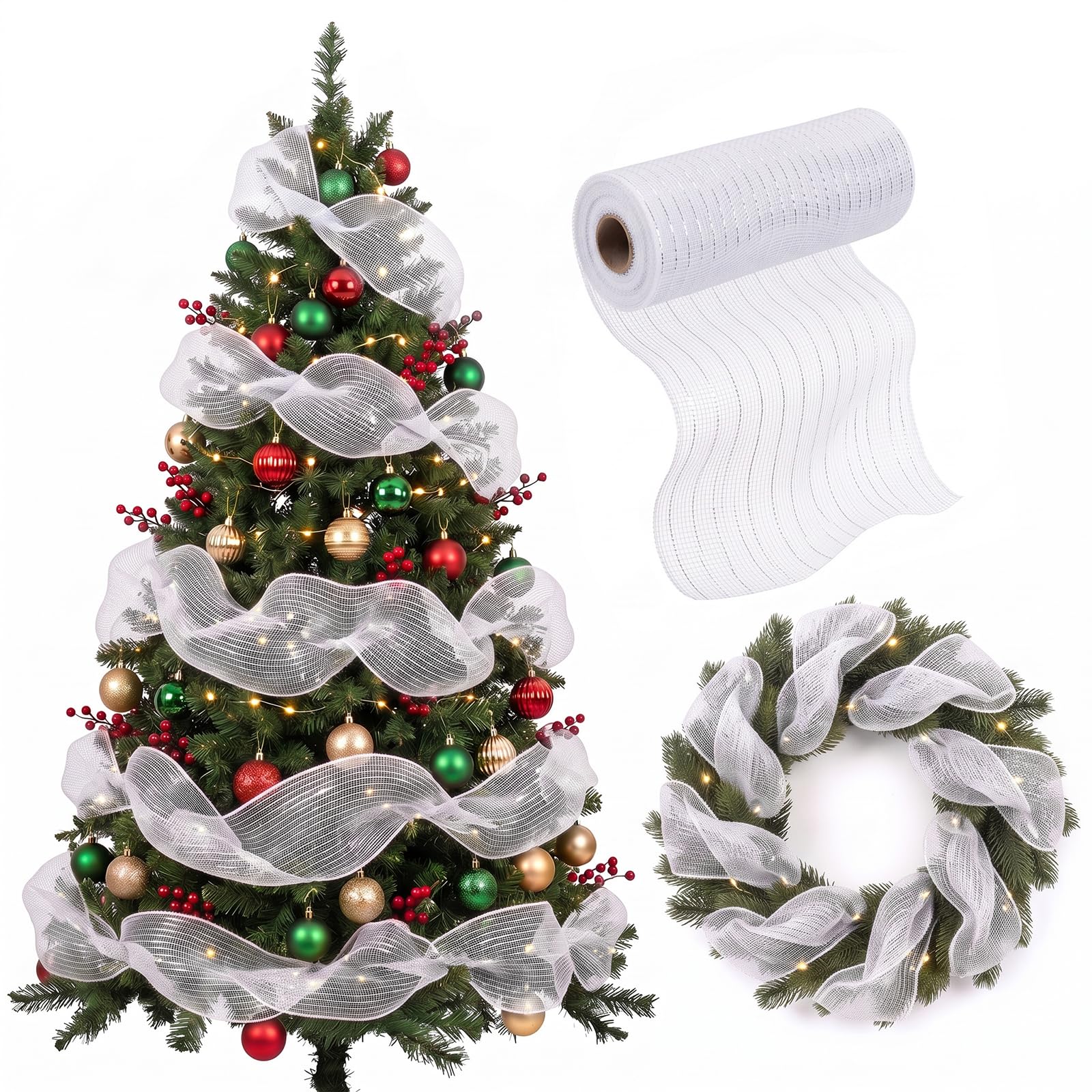 Christmas Tree Mesh Ribbon for Christmas Tree Decorations 10 Inch x 30 Feet