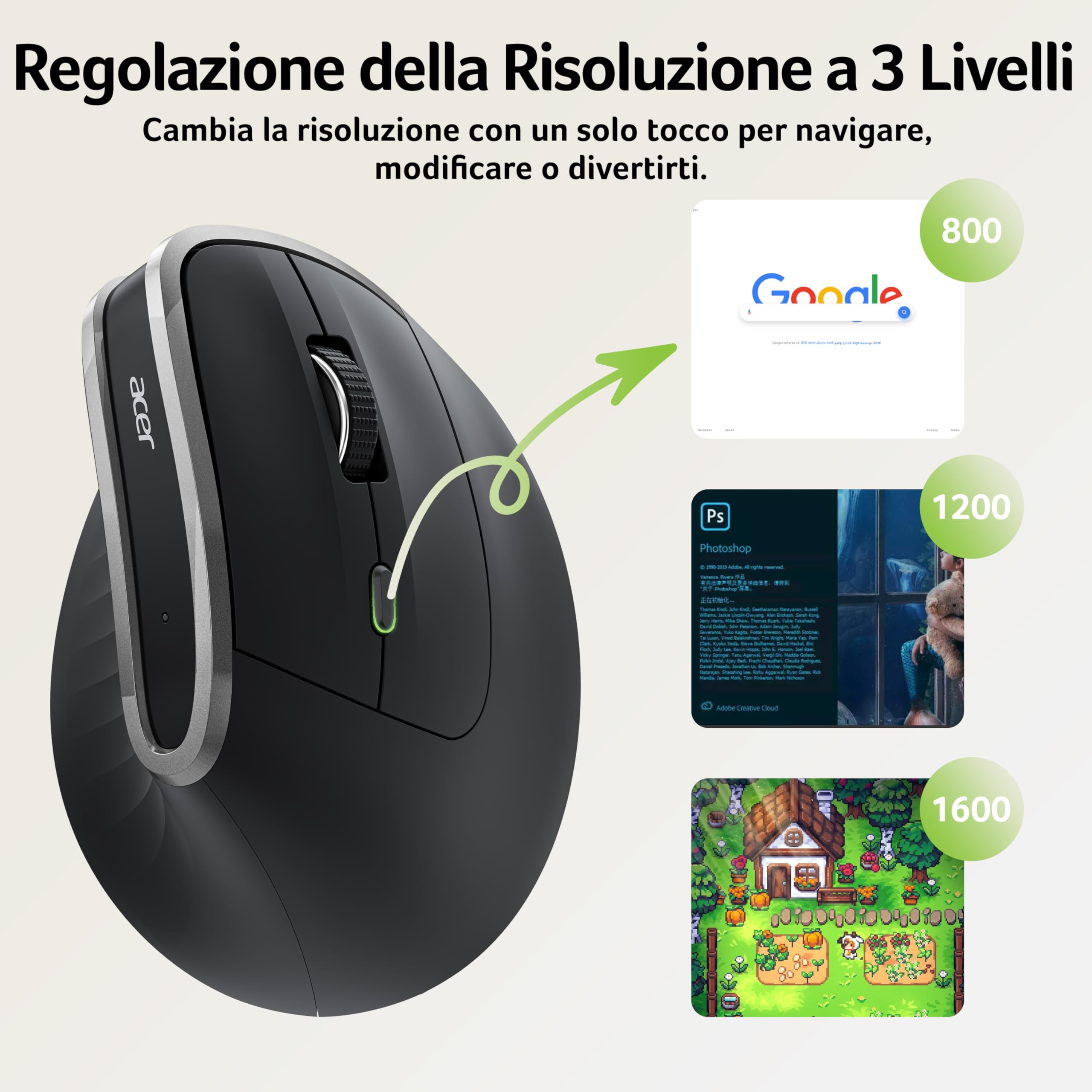 Acer Mouse Wireless Ergonomico, 2,4 GHz Mouse Verticale Senza Fili, USB C Ricaricabile, 3 DPI regolabili 1600, 6 pulsanti, Ricevitore USB per laptop, PC, iMac, desktop, ecc.
