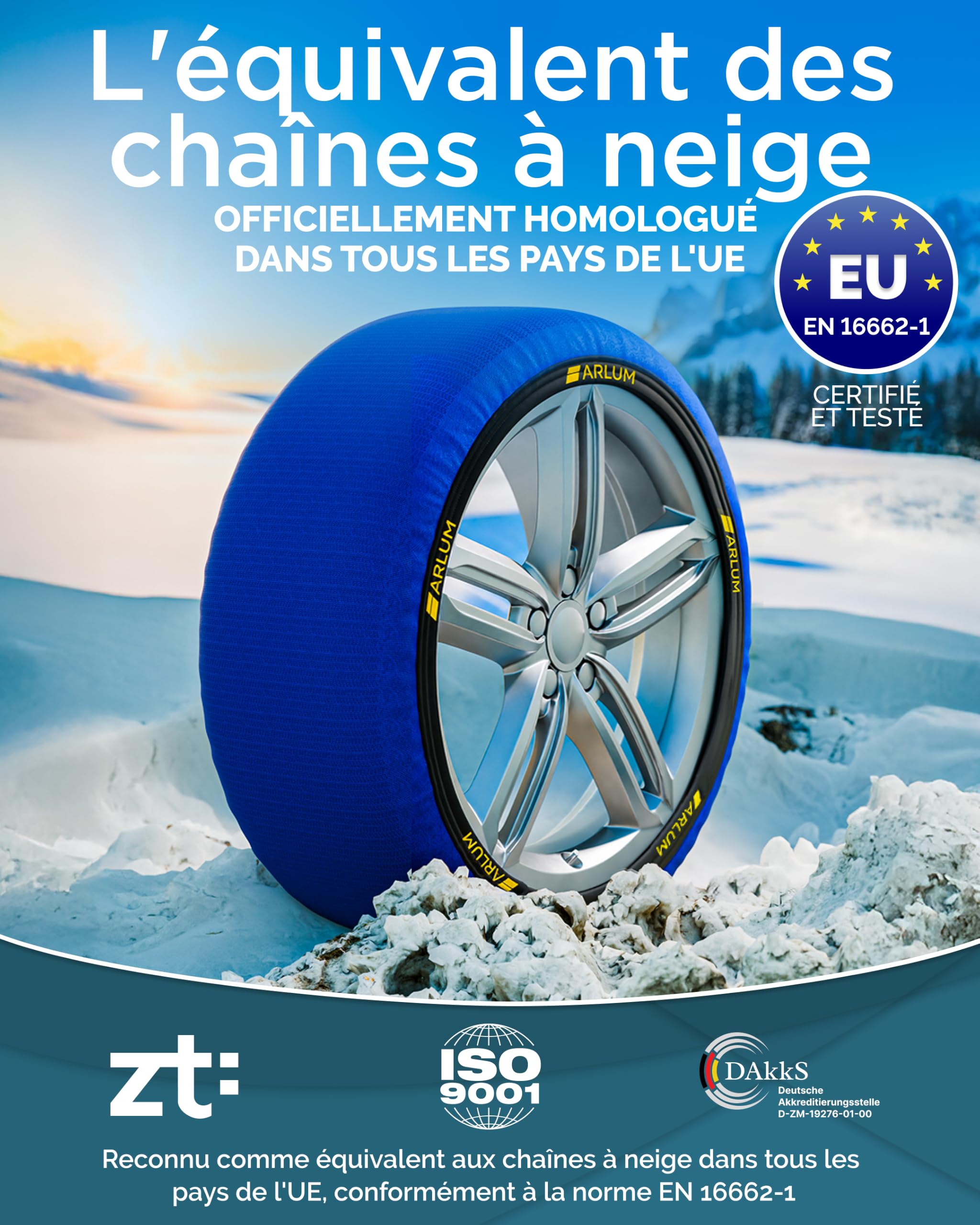 ARLUM Chaussettes à Neige Textile Homologué EN 16662-1 - Deux Chaussette Neige pour Auto. Snow Sock Taille XL pour R14-R22 (Les Mesures pour Les Pneus sont Détaillées à L'intérieur) (Nova, XL)