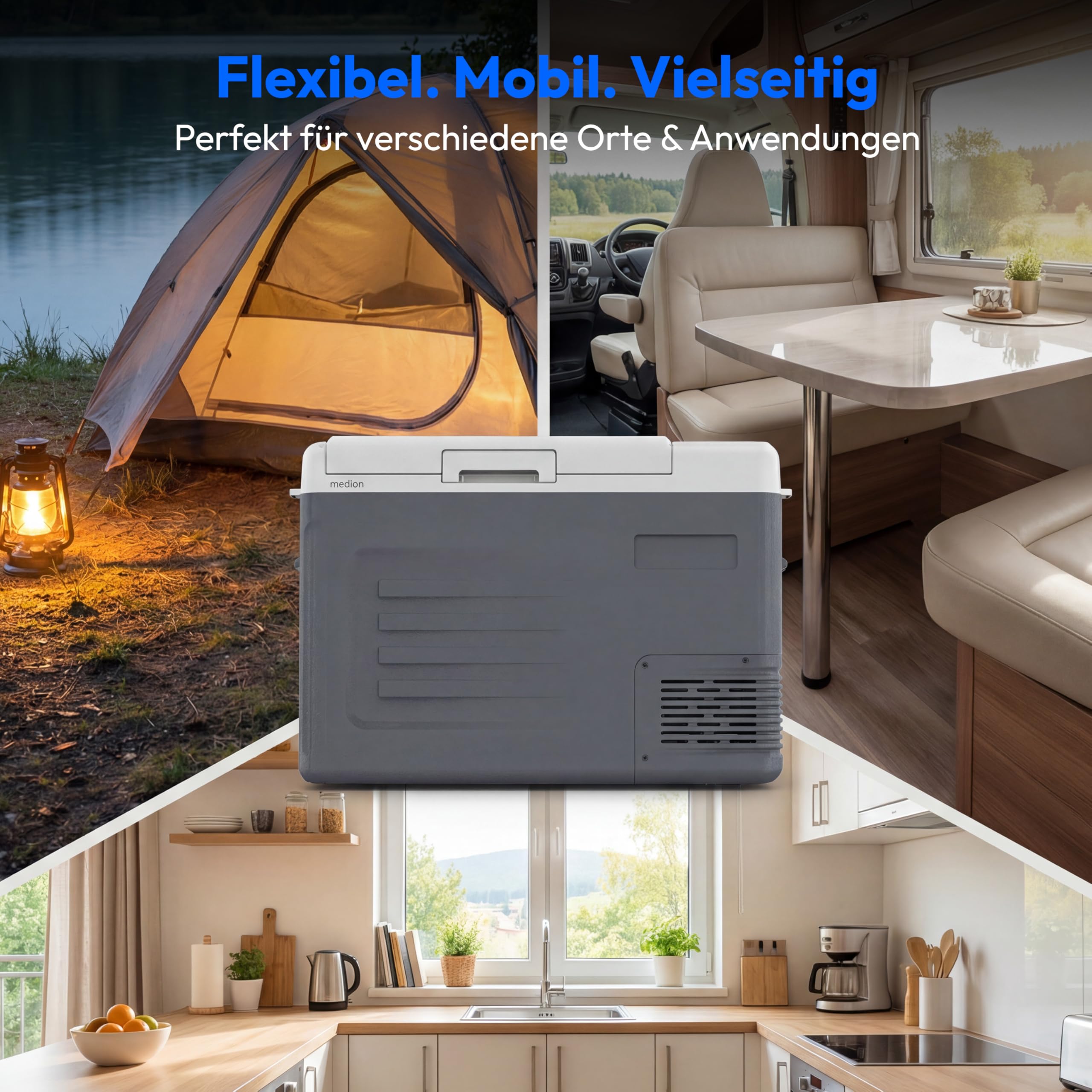 MEDION mobile elektrische Kompressor Kühlbox (28L Kapazität, elektrisch, Mini Kühlschrank & Gefrierbox, 12V 24V 230V, KFZ Adapter, für Auto LKW Wohnwagen Camping Boot Garten Festival, MD370027)