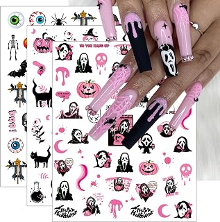JMEOWIO 9 Sheets Halloween Nail Art Stickers Decals Self-Adhesive Skull Horror Ghost Pumpkin Spider Web Bat Nail Supplies Nail Art Design Decoration Accessories