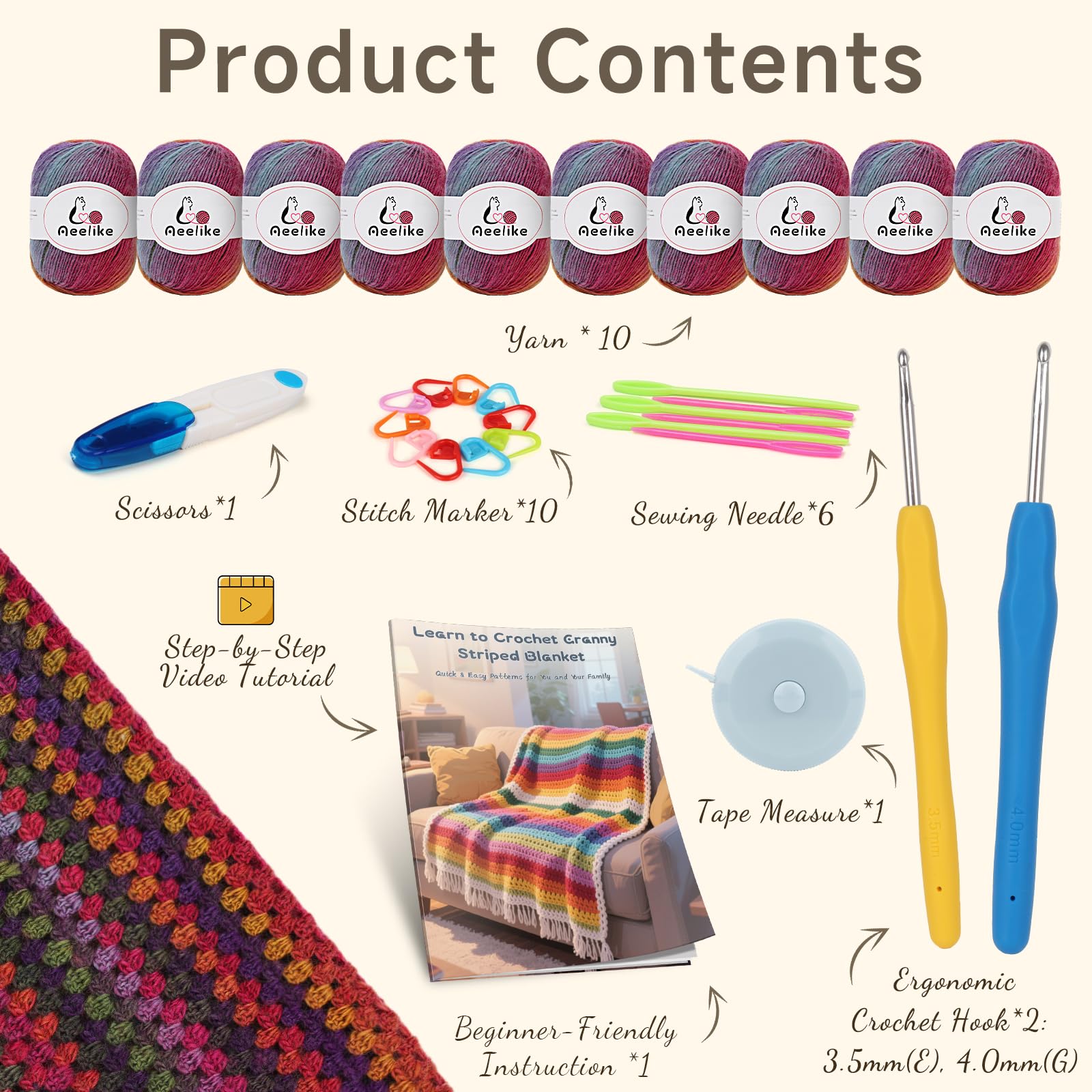 Aeelike Kit all'uncinetto per principianti, coperta arcobaleno sfumata, kit completo per uncinetto con filato di lana abbastanza caldo e caldo, video tutorial, kit per lavoro a maglia facile per