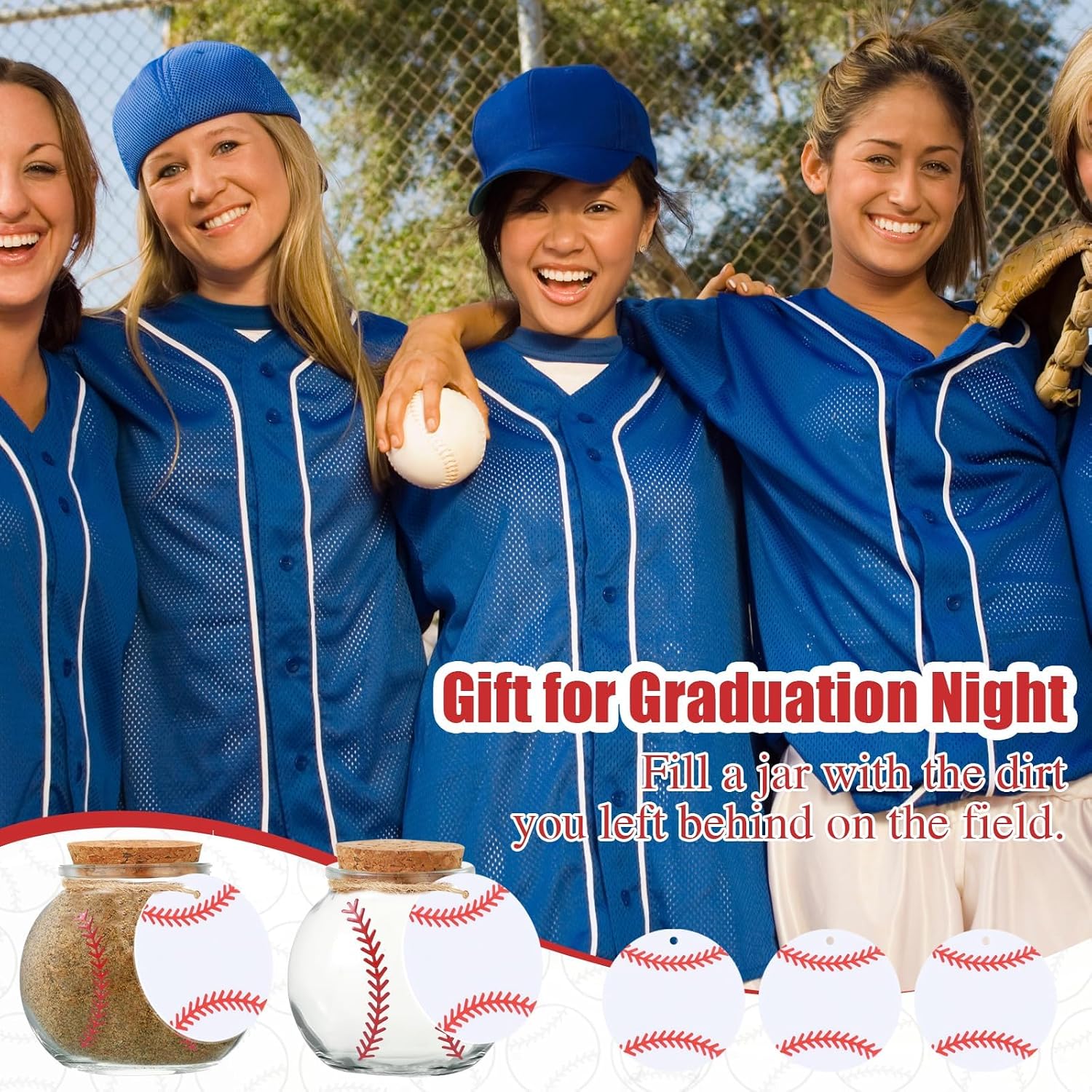 12 Set Baseball Printed Round Jar - Senior Night Gift, 3.4 Oz Round Glass Jar with Cork Lid, 2.56 X 2.56 Inch Mini Glass Bottle for Baseball Team Coach Player Gift, Sport Party Favors Decoration
