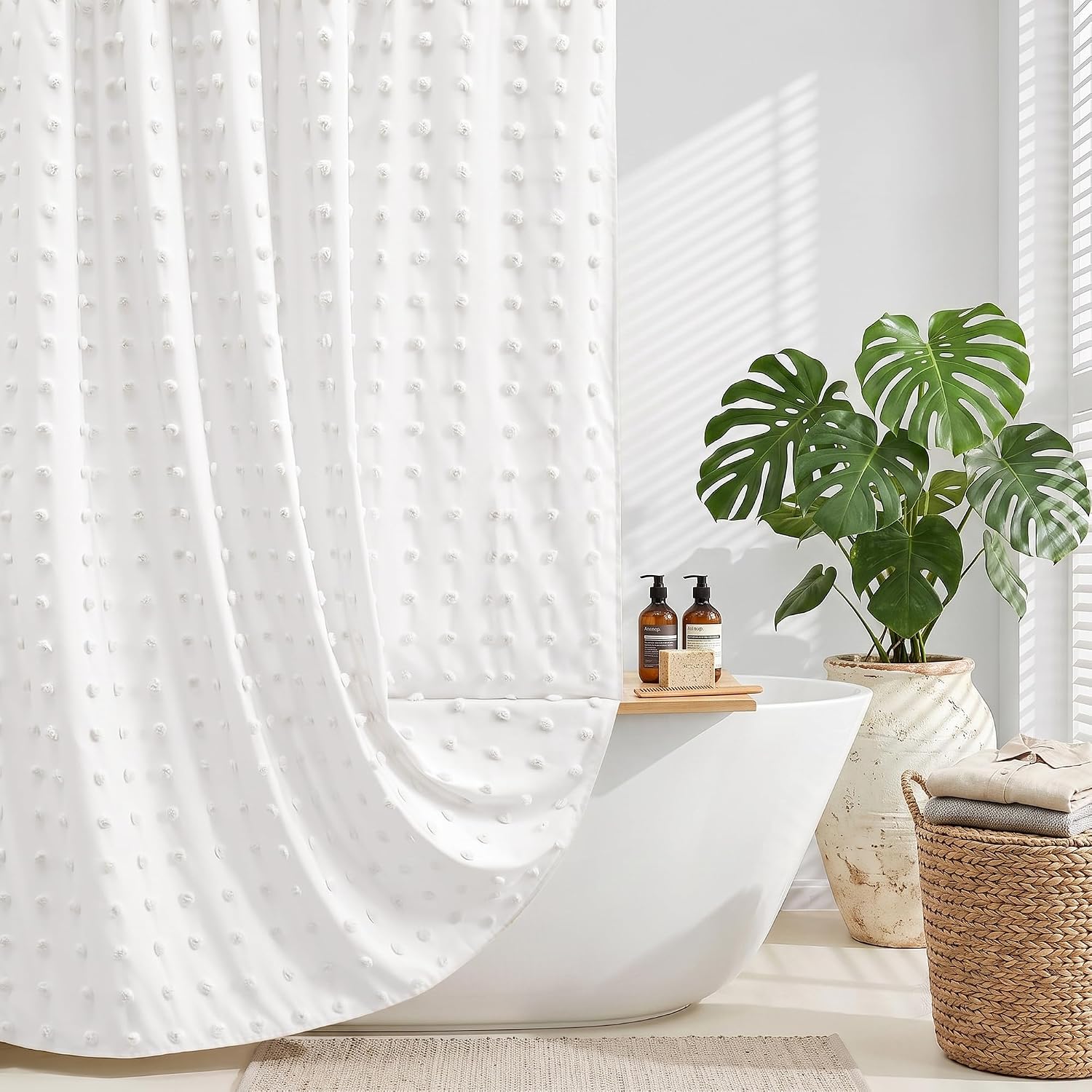 Siiluminisoy Boho Farmhouse White Shower Curtain Woven Fabric Shower Curtain, 72 x 72 Tufted Pleat Floral Puffs Textured Modern Farmhouse Minimalist Shower Curtain Set with Hooks for Bathroom