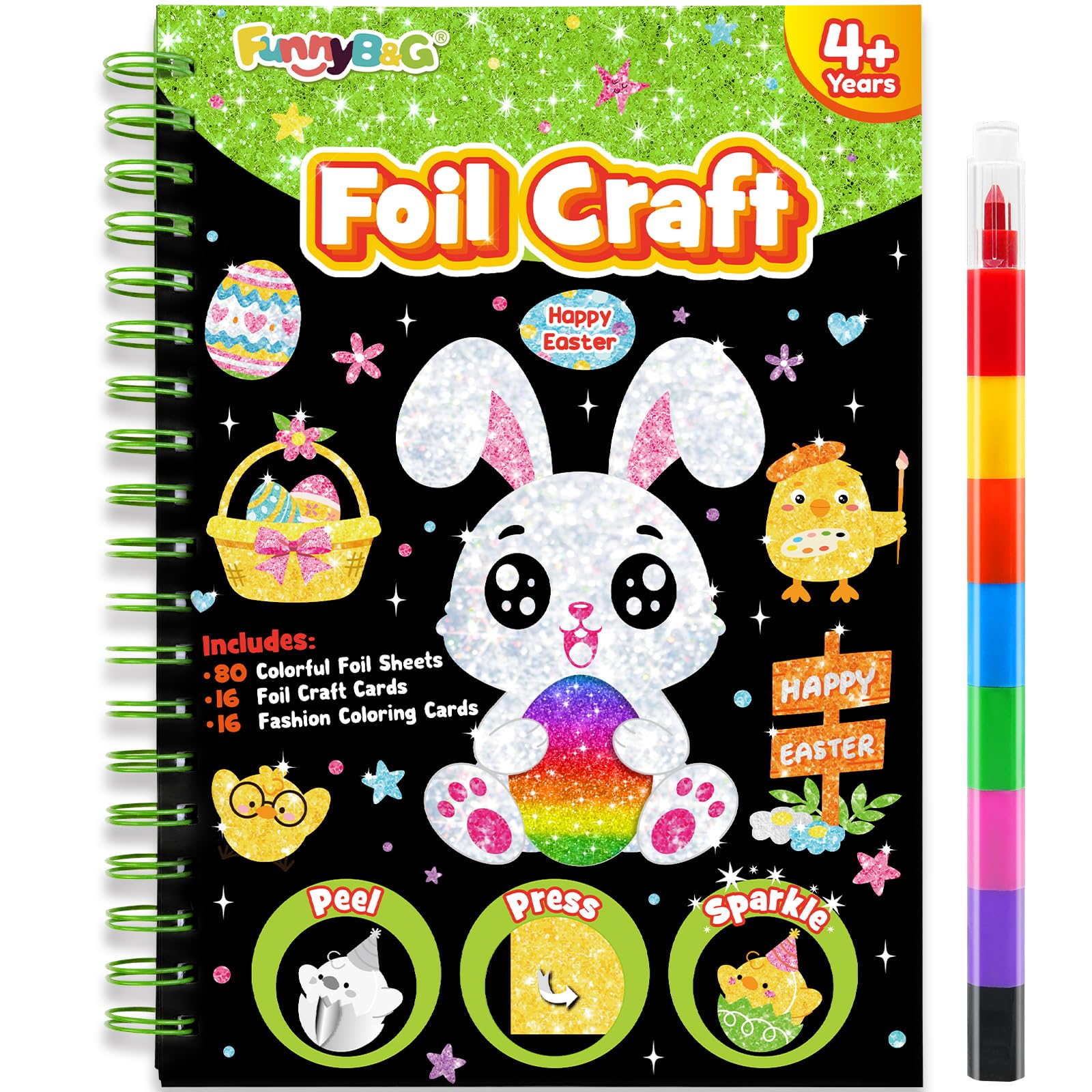 FUNNYB&G Foil Art Crafts for Kids Ages 4-8: Easter Basket Stuffers for Kids 2026,Birthday Gift for Kids, Easter Crafts for Kids,Party Favors,Creative Toys for Girls Boys 4 5 6 7 8 9 Years Old(Easter)
