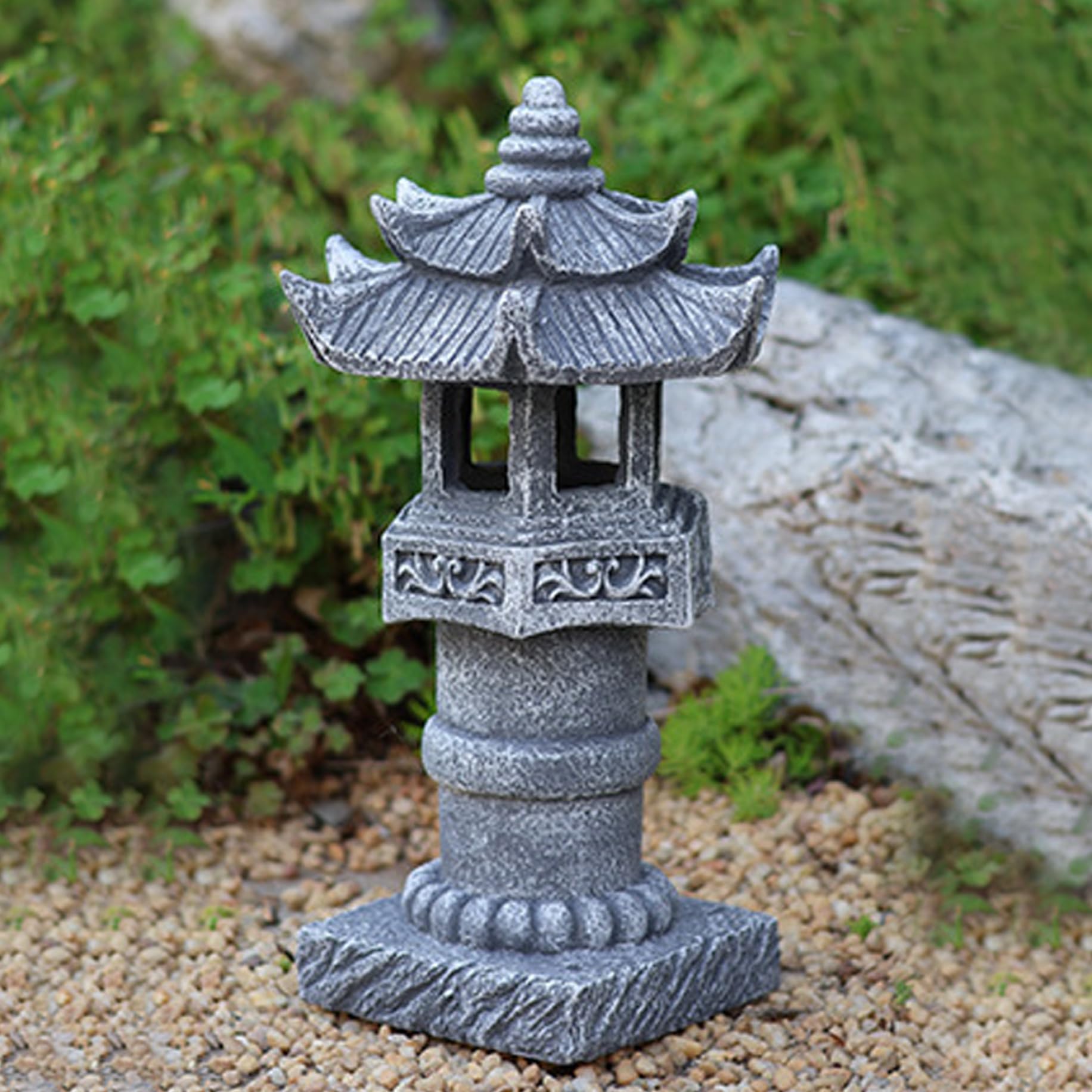 Comebachome Japanese Pagoda Statues, Waterproof Solar Pagoda Lantern, 4.8x4.8x12 inch Decorative Japanese Stone Lantern for Garden Yard Lawn Balcony, Patio, Porch, Stone