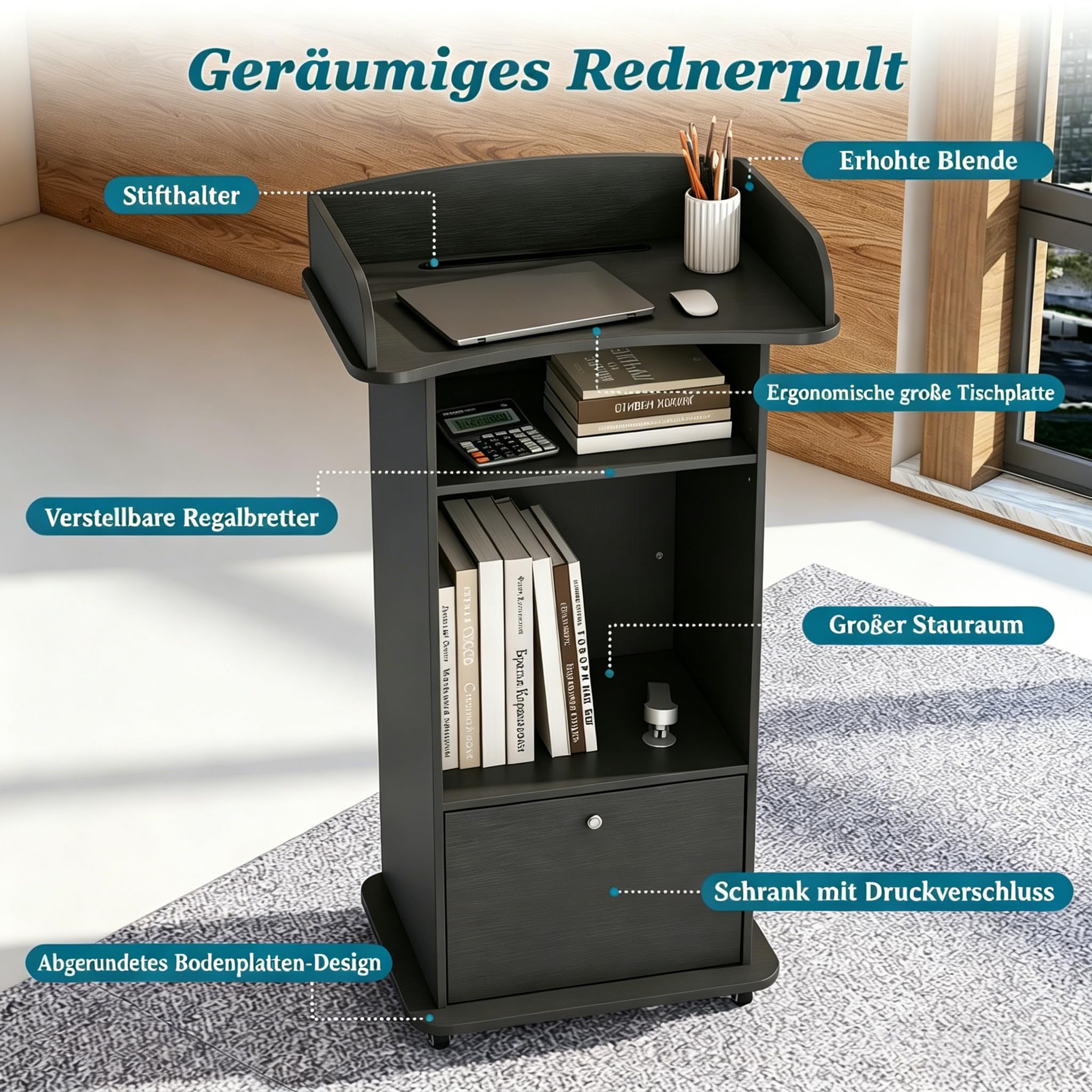 Holz-Rednerpult, Stehpult mit Rollen, mit Laptoptisch Funktion und 3 Ablageflächen, Ideales Rednerpult für Kirchen, Vorträge, Schulen und Seminare (Schwarz)