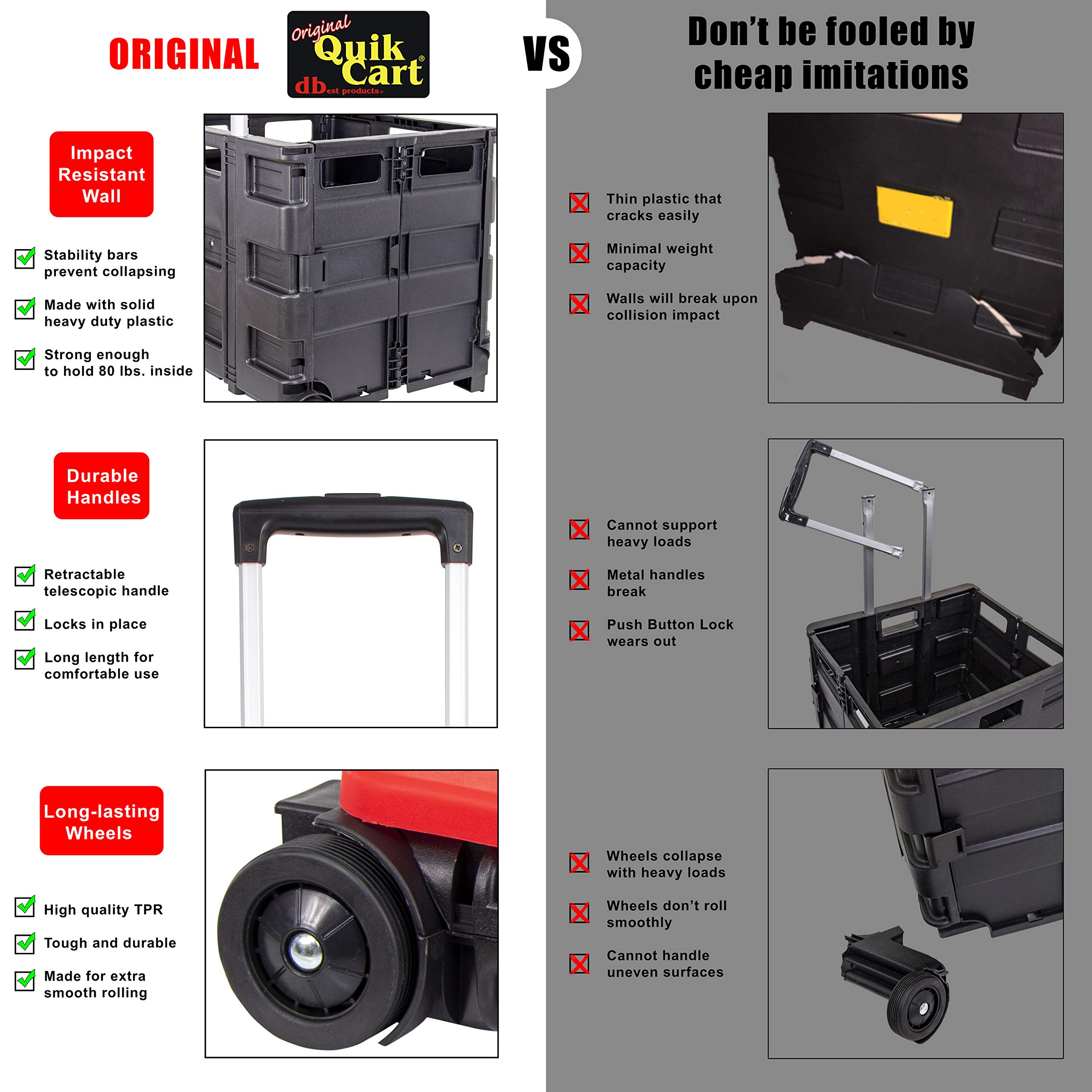 dbest products Quik Cart Collapsible Rolling Crate on Wheels for Teachers Tote Basket 80 lbs Capacity, Made from Heavy Duty Plastic and used as a Seat, Standard, Red