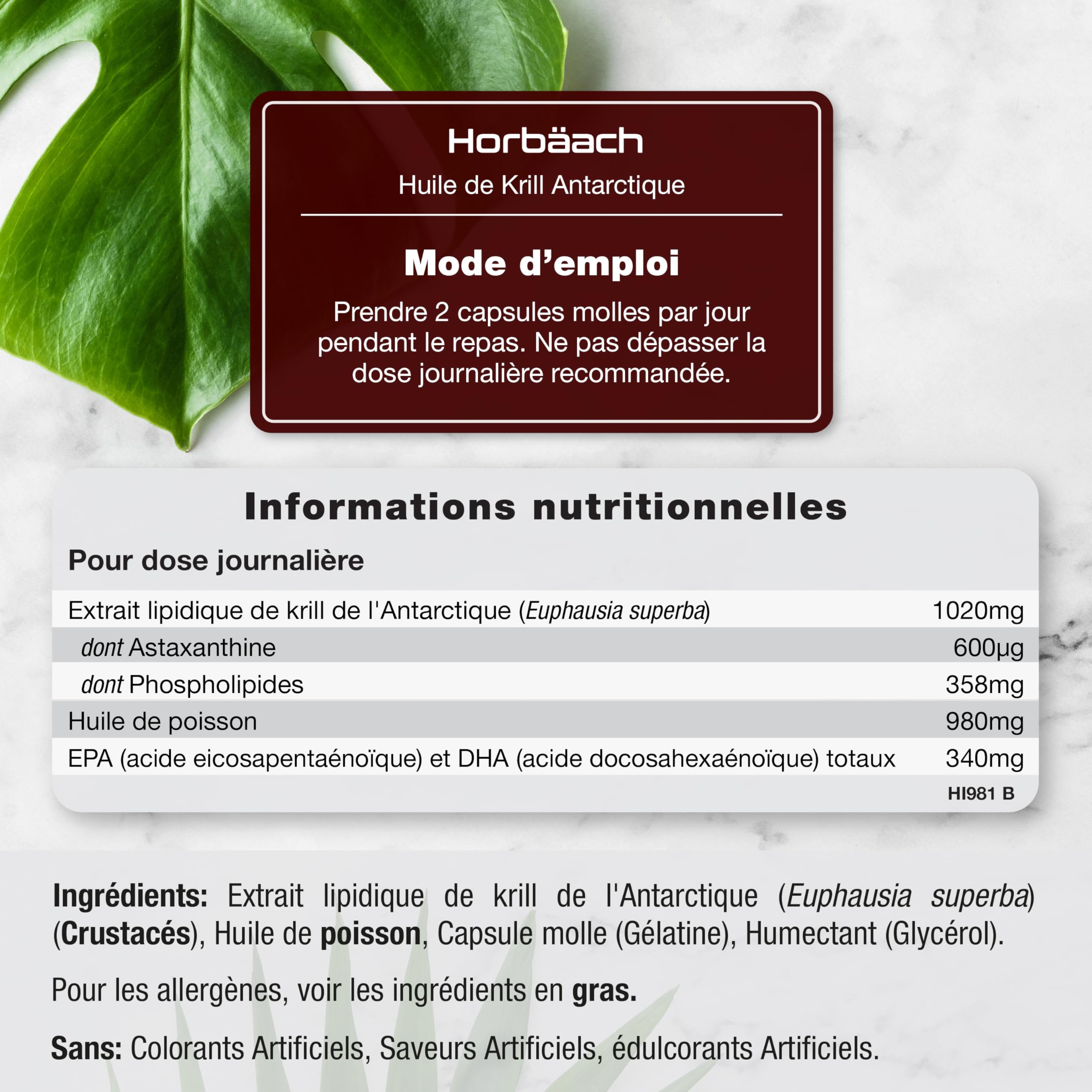 Huile de Krill 2000mg avec Astaxanthine et Phospholipides | 120 Gélules | Acides Gras Oméga 3 avec EPA et DHA | Complément Alimentaire Huile de Poisson | Antarctic Krill Oil Supplement | Horbaach