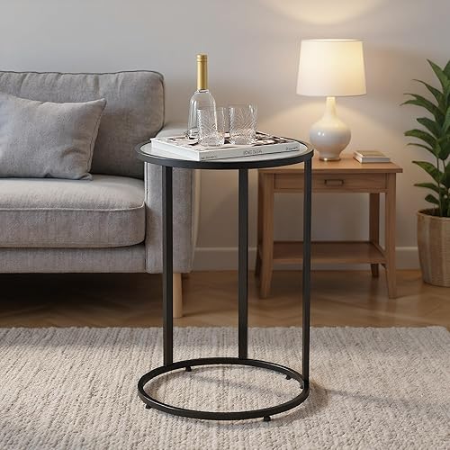 Miniatura 3 de RiteSune Mesa auxiliar redonda en forma de C, mesas auxiliares de sofá que se deslizan por debajo, mesa auxiliar negra con marco de metal para sala