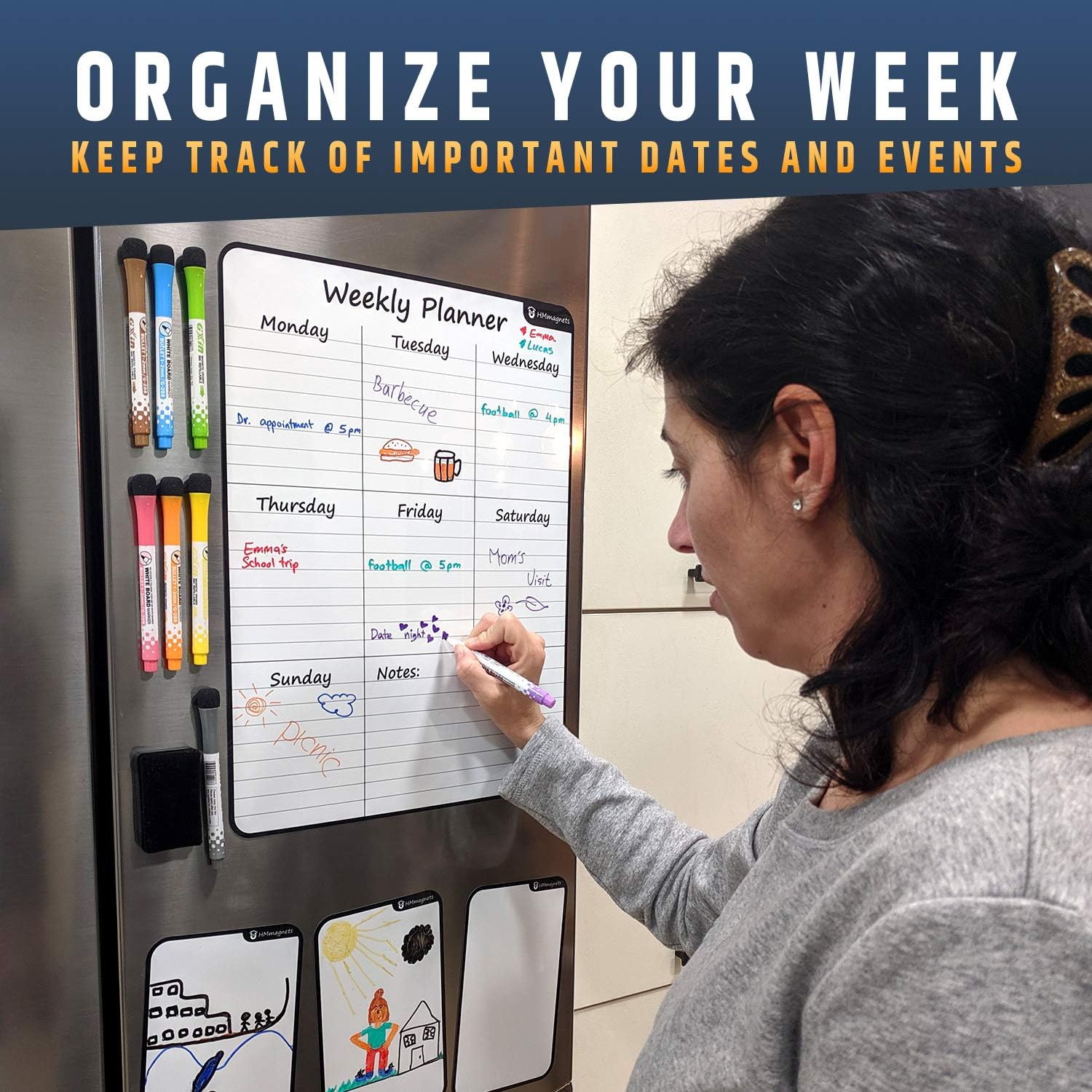 Large 13.5"x17.5" Dry-Erase Magnetic Weekly Calendar (Organizer/Planner) for Kitchen Fridge (Full Set: 8 Markers + Eraser) & Free Bonus: 3 Grocery/to-Do List Whiteboards (Stain Free) | Vertical : Office Products