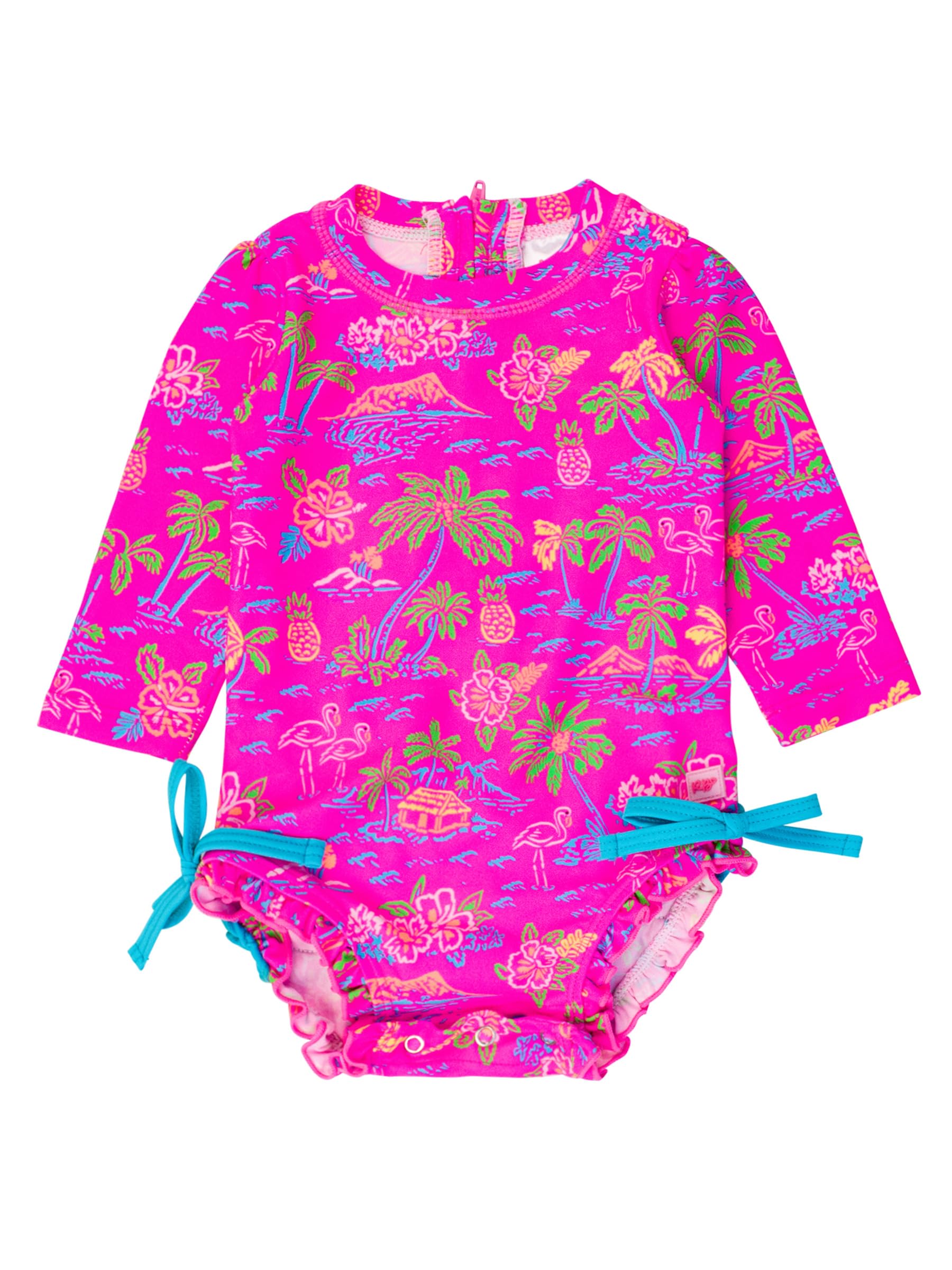 RuffleButts Baby Girls Novelty Baby One Piece - Rash Guard Swimsuit UPF 50+ | Premium Quality, 4-way Stretch, Snap + Zipper Closure, Long Sleeves, Hand Wash, UPF 50+ Sun Protection