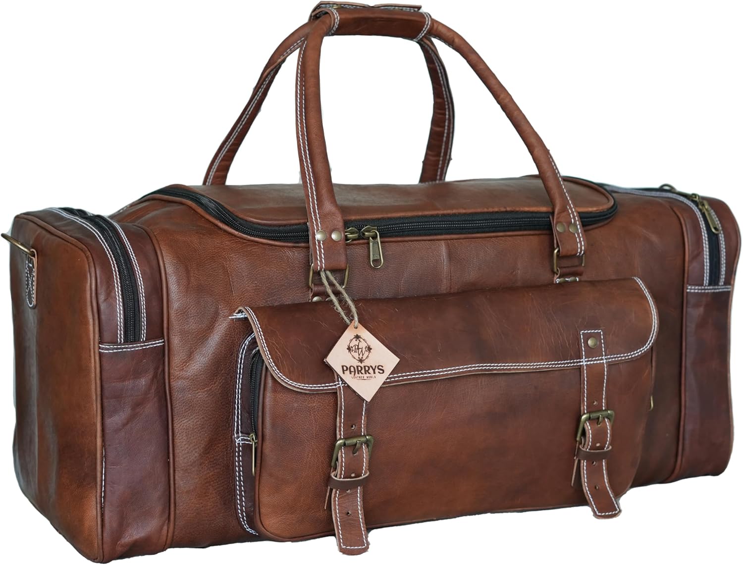 30 inch Genuine Leather Duffel Bag for Men | Rustic Goat Leather Weekender, Overnight Travel Holdall, Gym Sports Carryon Bag with Shoulder Strap – Brown