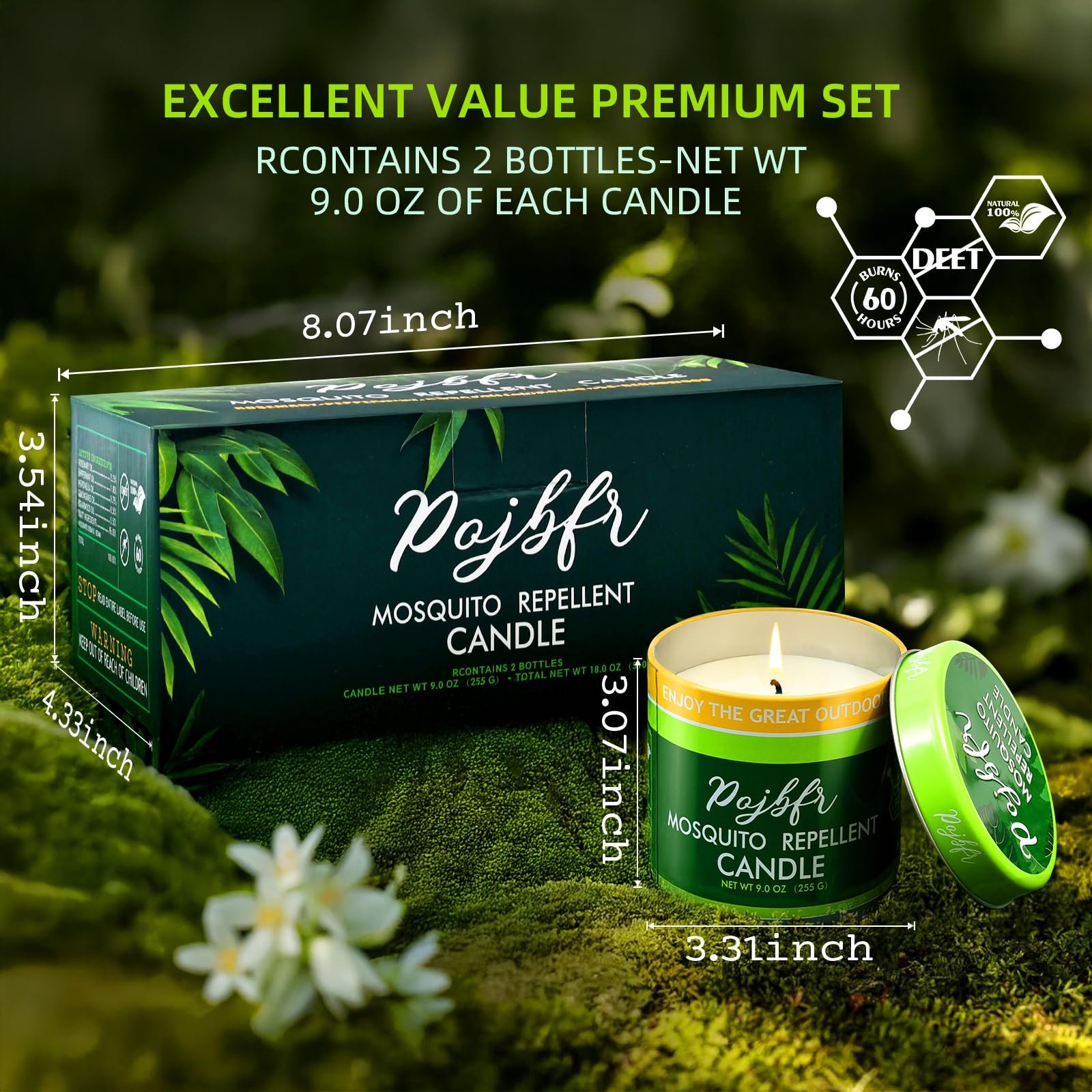 Mosquito Bug Repellent Candles for Outdoor Patio, 2 Pack x 9oz Citronella Candles Outdoor Large, DEET-Free Insect Repellent with 5 Natural Essential Oils, 30-Hour Burn Time for Backyard Summer Camping