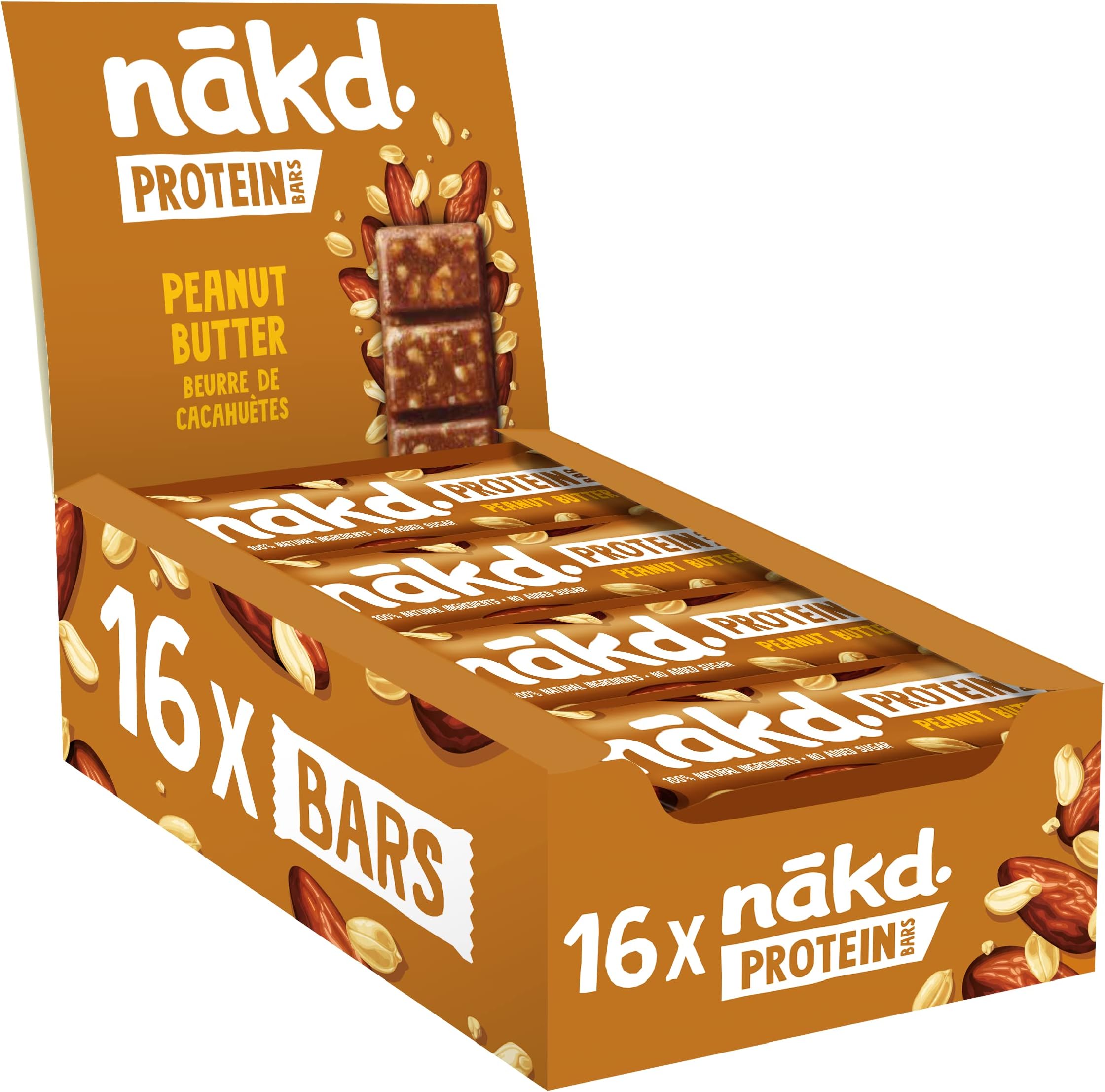 nakd. Protein bars Peanut Butter - 7g plant-based protein - 100% Natural ingredients - No added sugar - Vegan - 16 x 45g bars - 720g