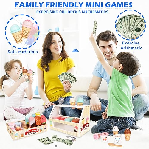 Miniatura 5 de Juego de contador de helados para niños, juguetes de comida Montessori, accesorios de cocina, juego de paletas de madera con cuchara y dinero falso,