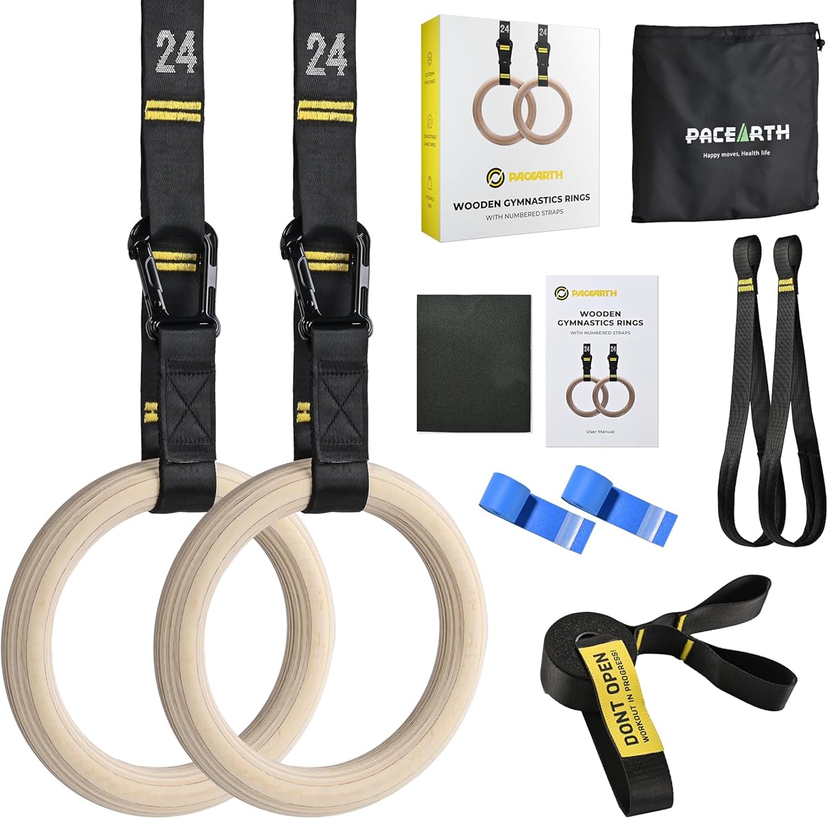 PACEARTH Gymnastics Rings 32mm Wooden Olympic Rings Support 1500lbs Locked Carabiners 9ft Double-Layer Numbered Straps Non-Slip Gym Rings with Foot Straps Door Anchor for Home Gym Full Body Workout