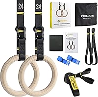 PACEARTH Wooden Gymnastics Rings 32mm Olympic Rings - 1500lbs Capacity, 9ft Numbered Straps, Locked Carabiners, Door Anchor & Foot Straps for Home Gym