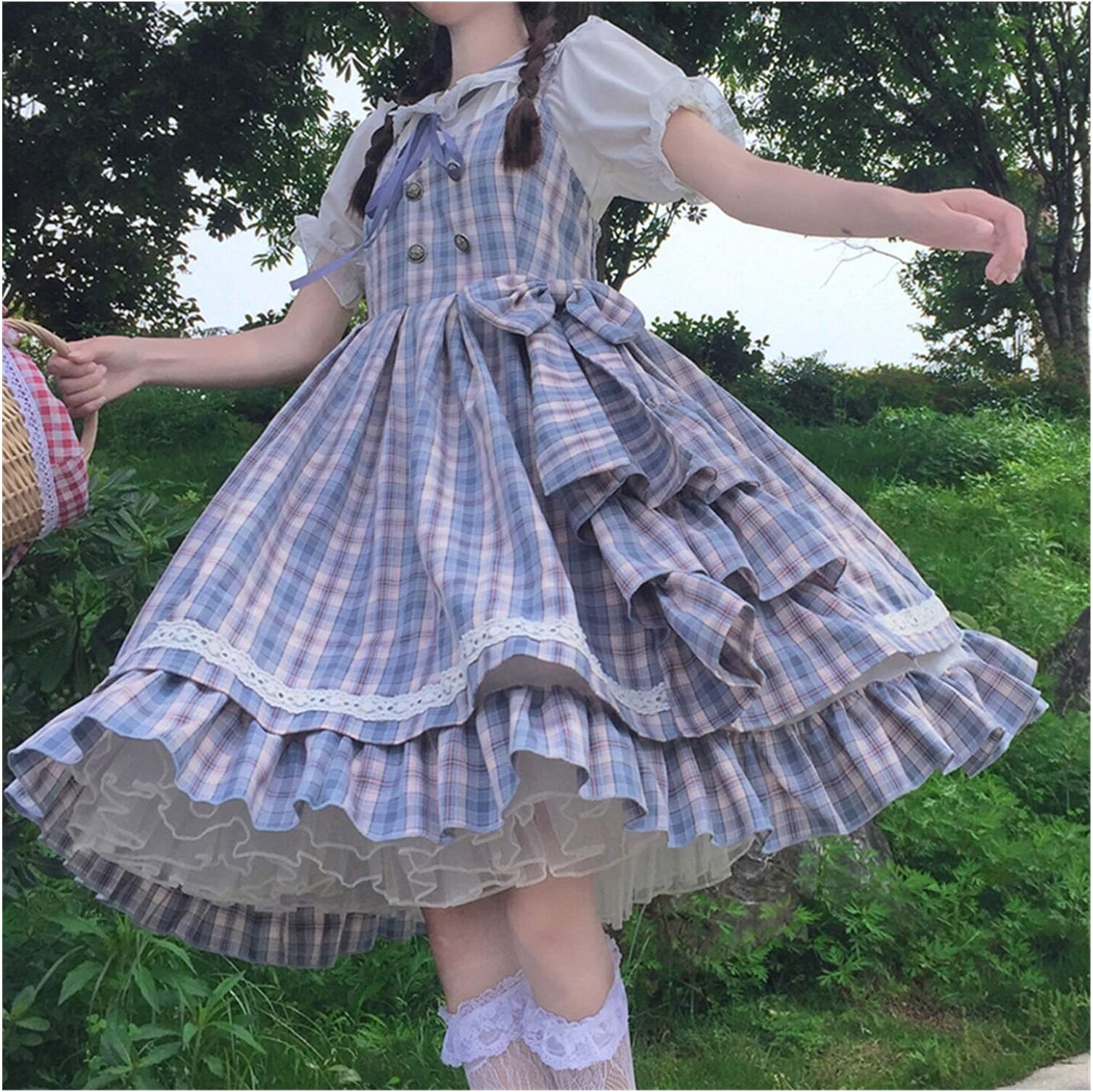 SFQRYP Japanese Lolita Daily Doll Collar Short-Sleeved Lolita with Slim Plaid Dungaree Dress Women's Summer fairy kei lolita dress (Color : Inside shirt)