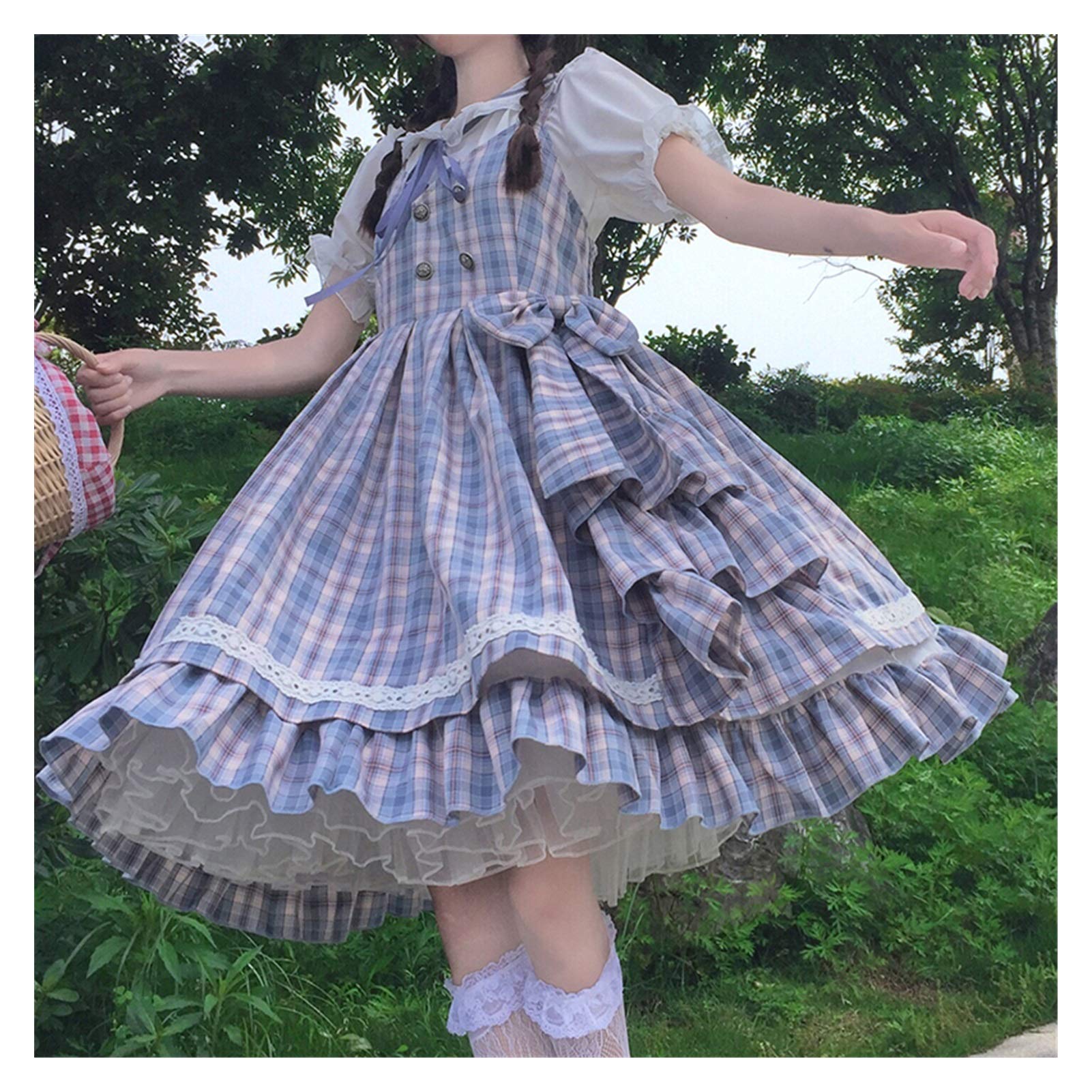SFQRYP Japanese Lolita Daily Doll Collar Short-Sleeved Lolita with Slim Plaid Dungaree Dress Women's Summer fairy kei lolita dress (Color : Inside shirt)