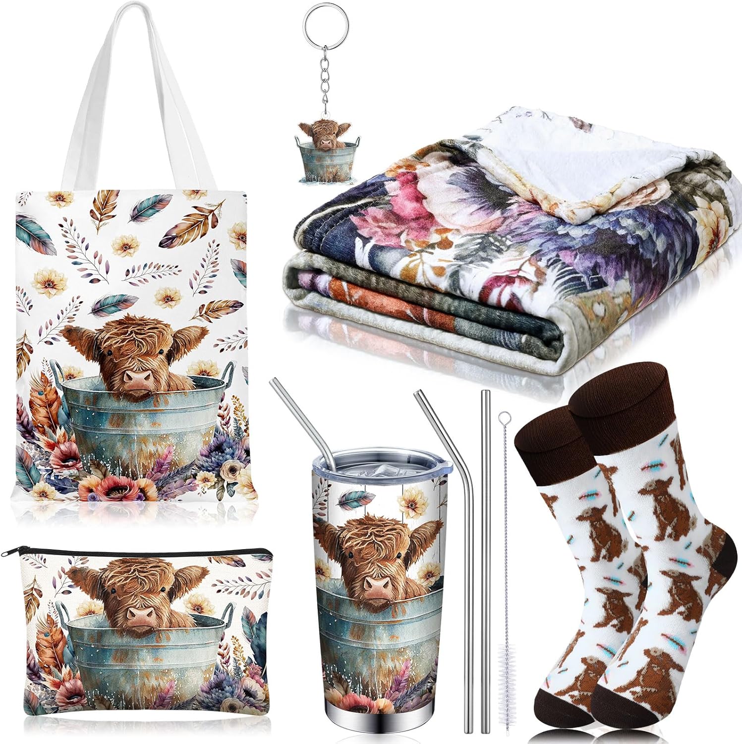 Tiangrid 6 Pcs Valentines Highland Cow Gifts for Women Include 20 oz Stainless Steel Tumbler with Lid and Straw Cosmetic Bag Throw Blanket Keychain Socks Handbag for Women Girls(Multicolor)