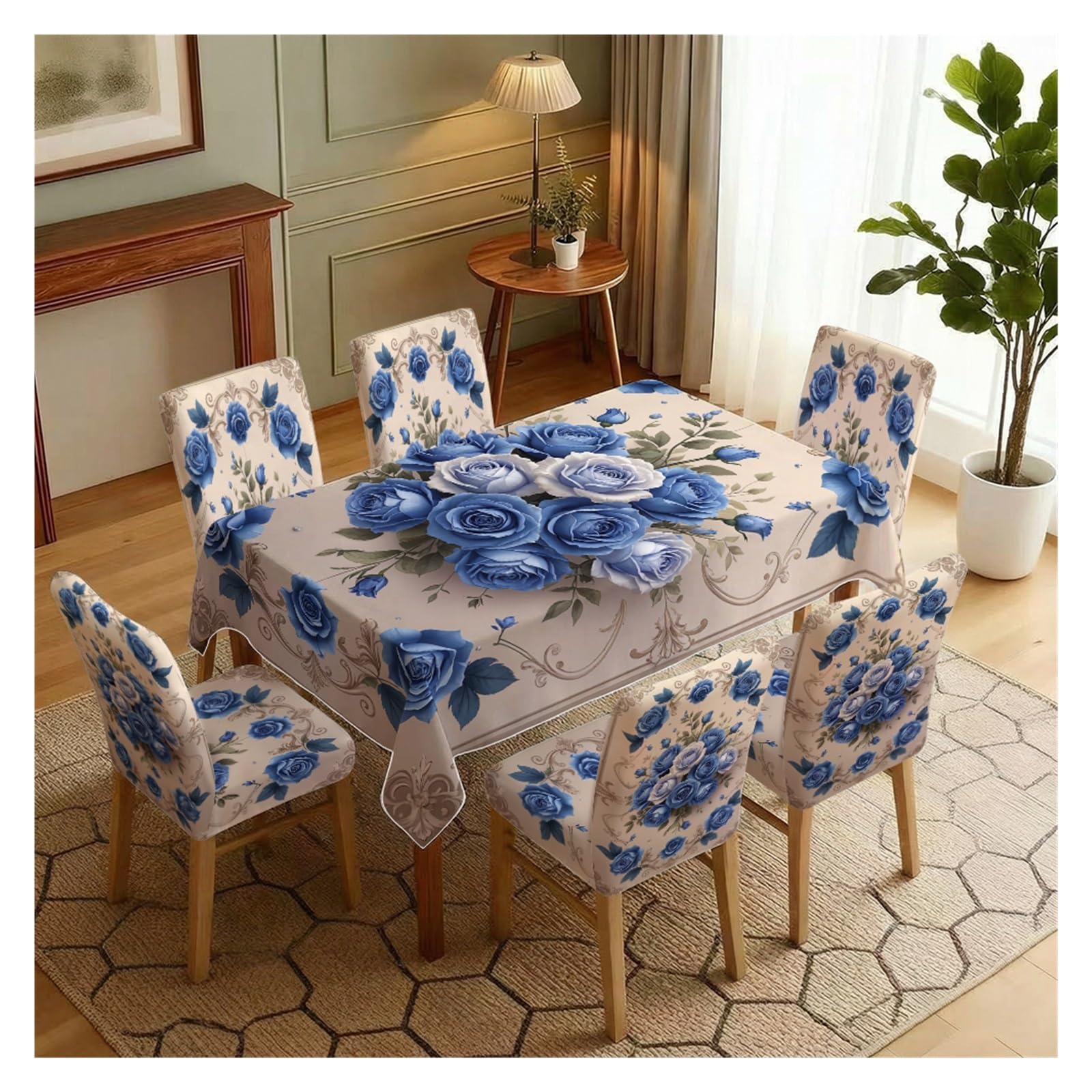 Housses de chaise et nappe roses bleues baroque pour décoration de table de cuisine lot de 7 pièces